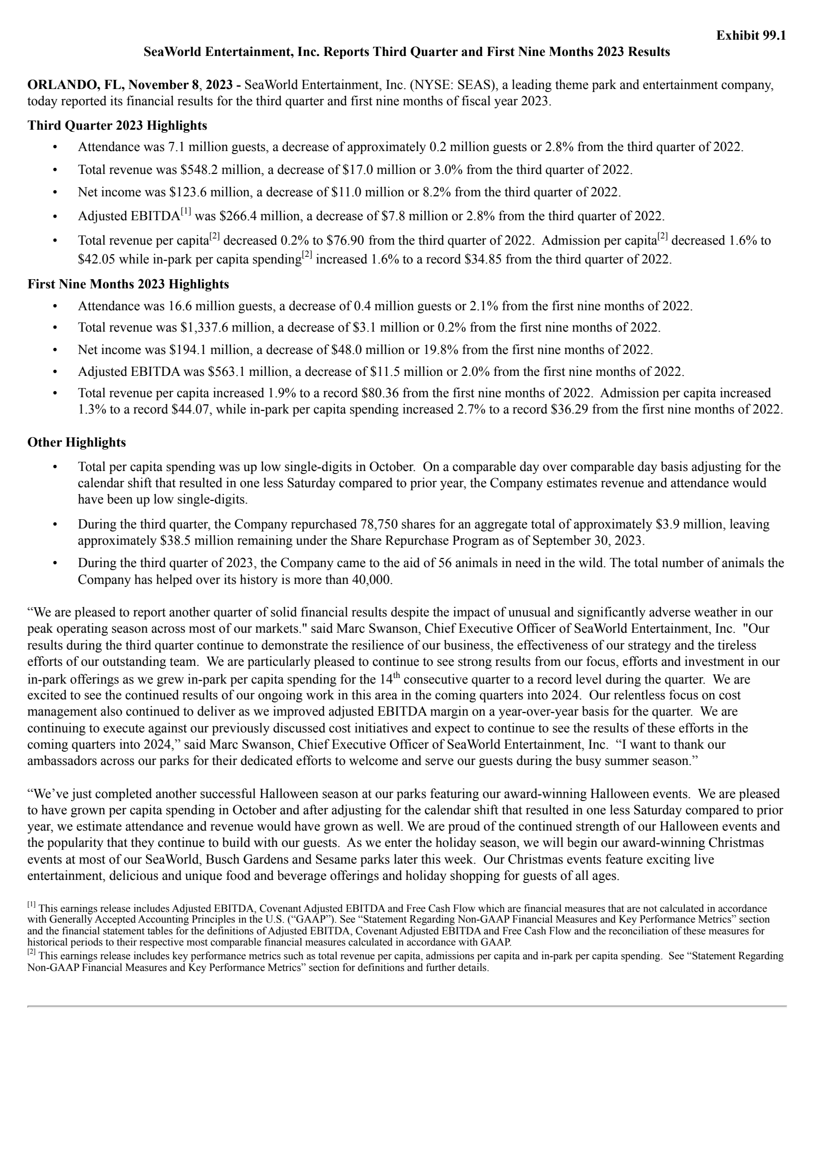 United Parks & Resorts' Q3 2023 Press Release