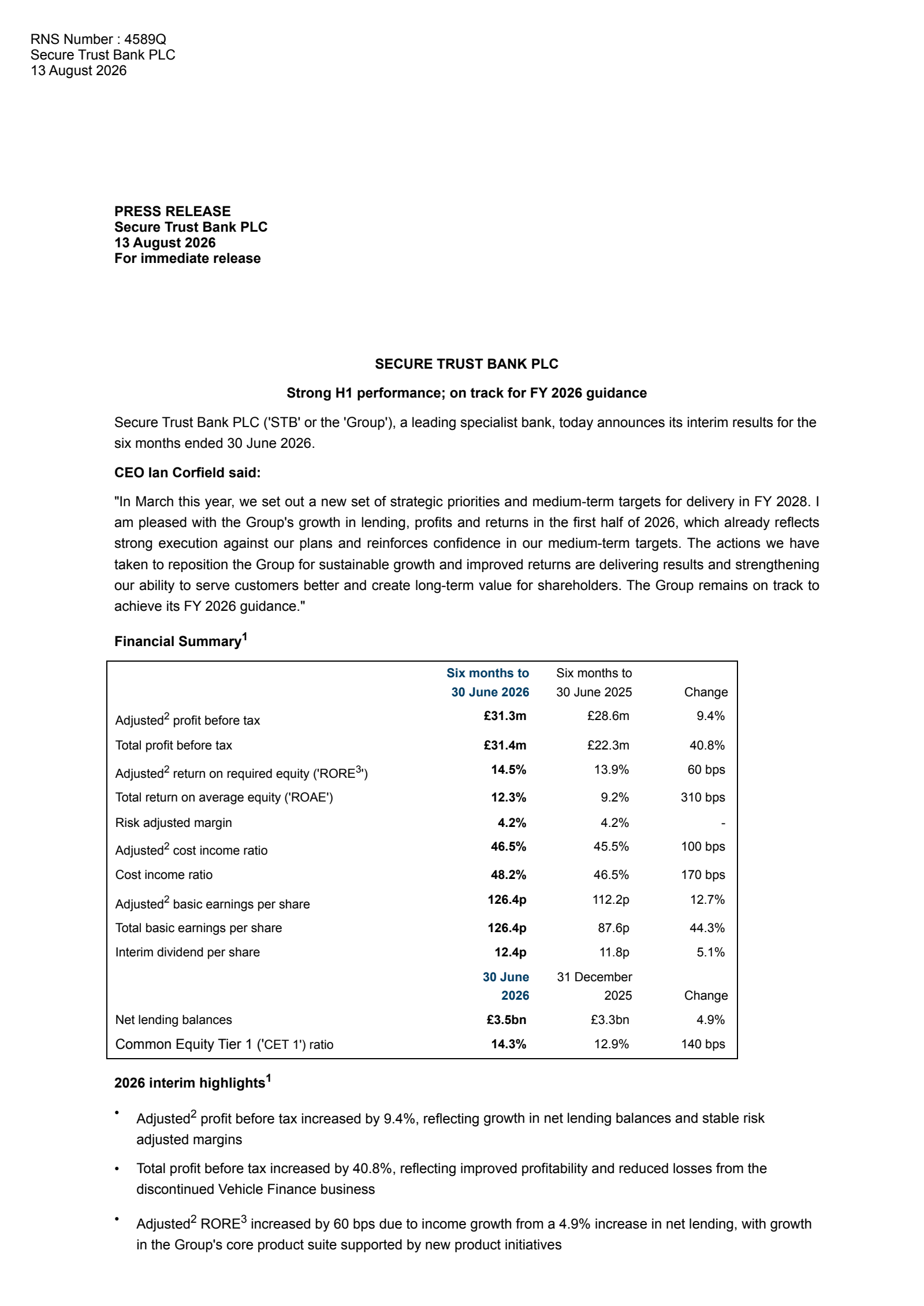 Secure Trust Bank's H1 2026 Interim report