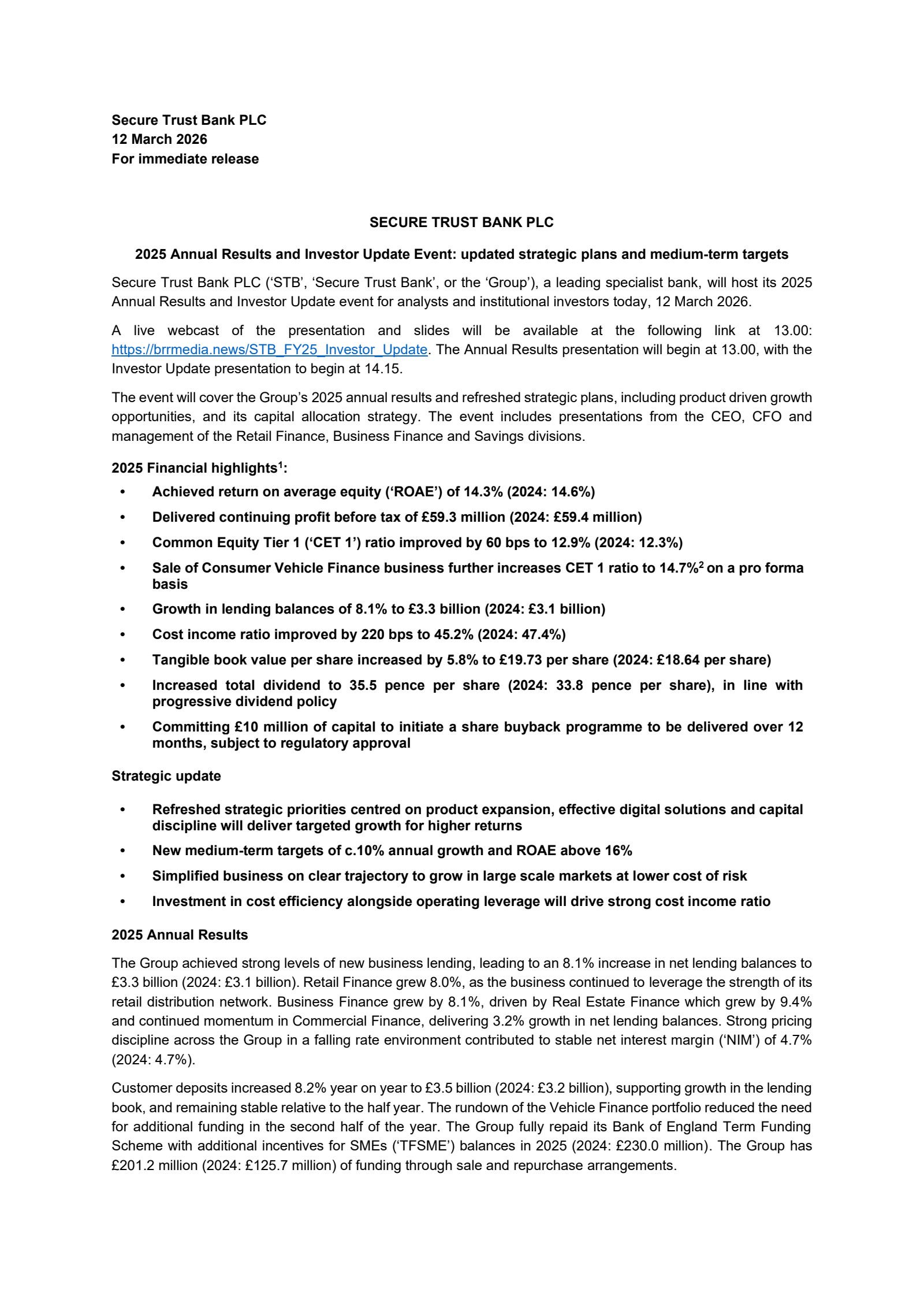 Secure Trust Bank's H2 2025 & investor update Press Release