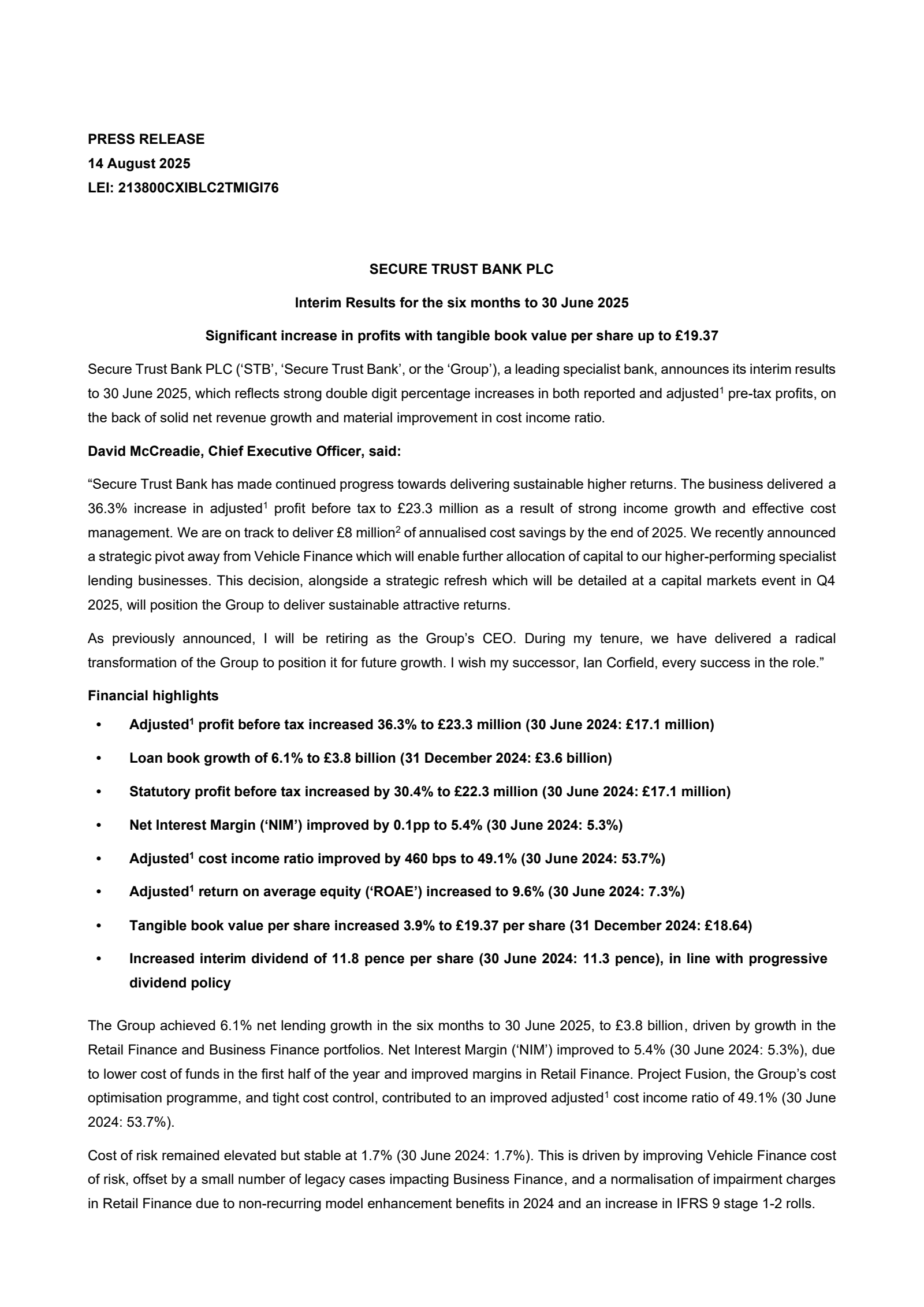 Secure Trust Bank's Q2 2025 Interim report
