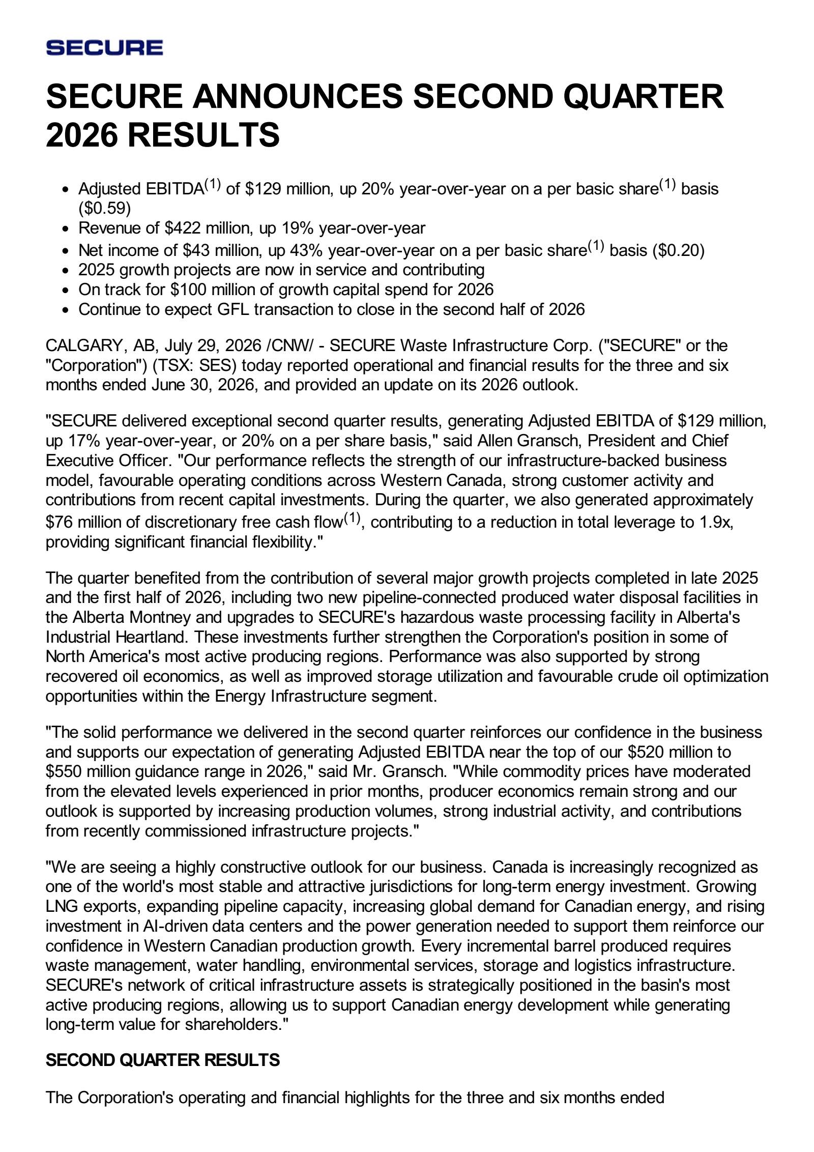 Secure Energy Services' Q2 2026 Press Release