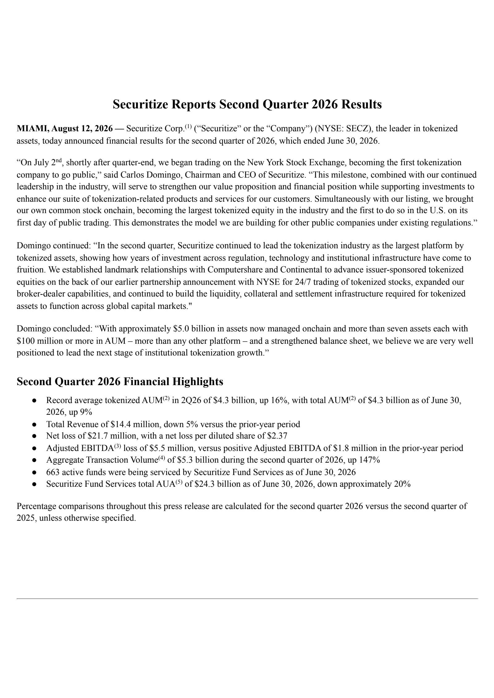Securitize's Q2 2026 Press Release
