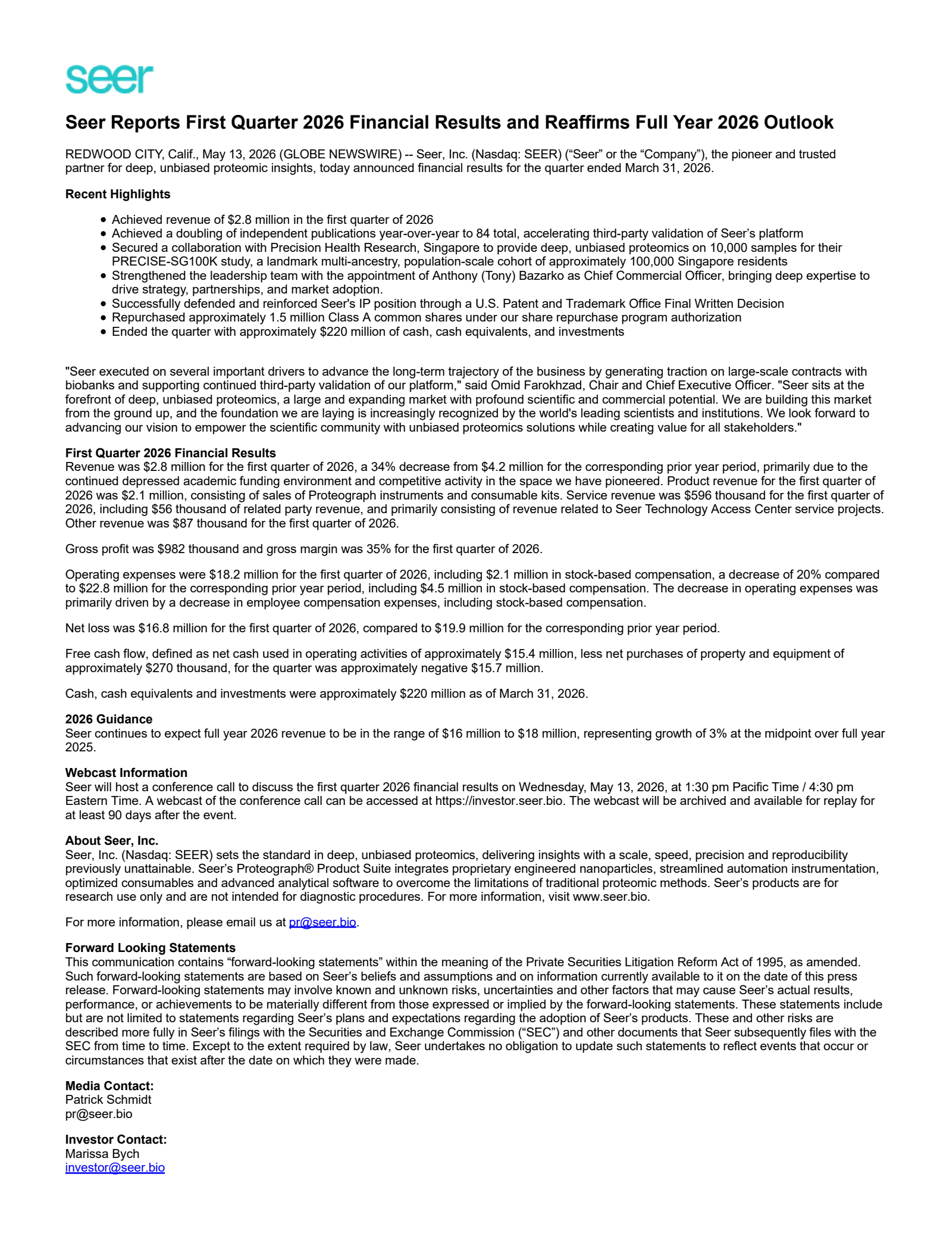 Seer's Q1 2026 Press Release
