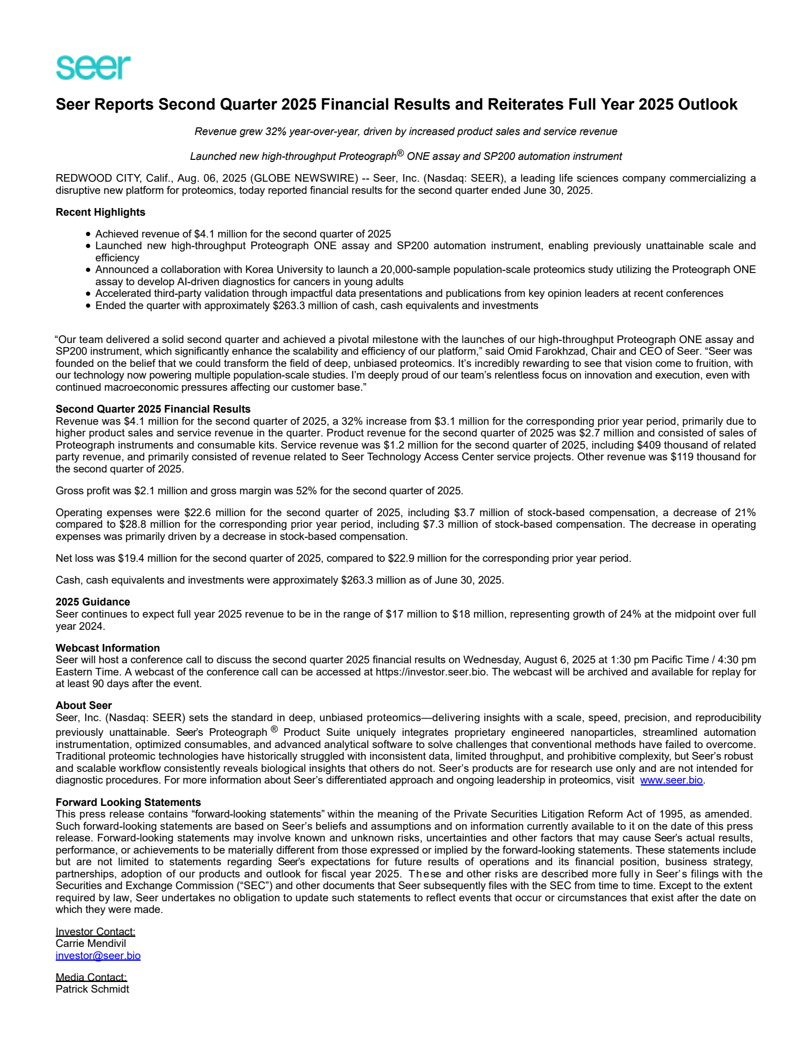Seer's Q2 2025 Press Release