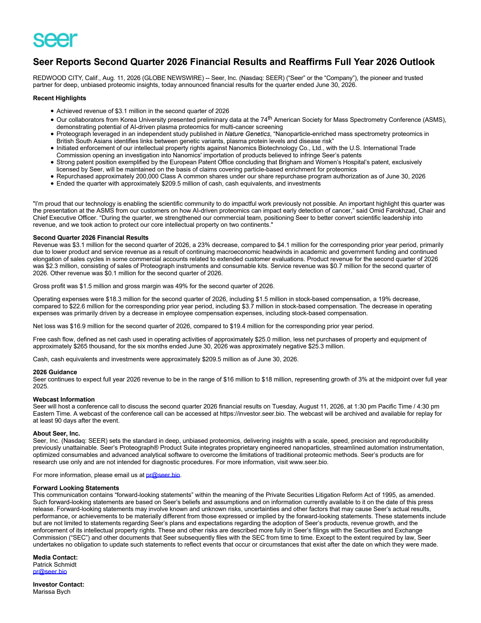 Seer's Q2 2026 Press Release