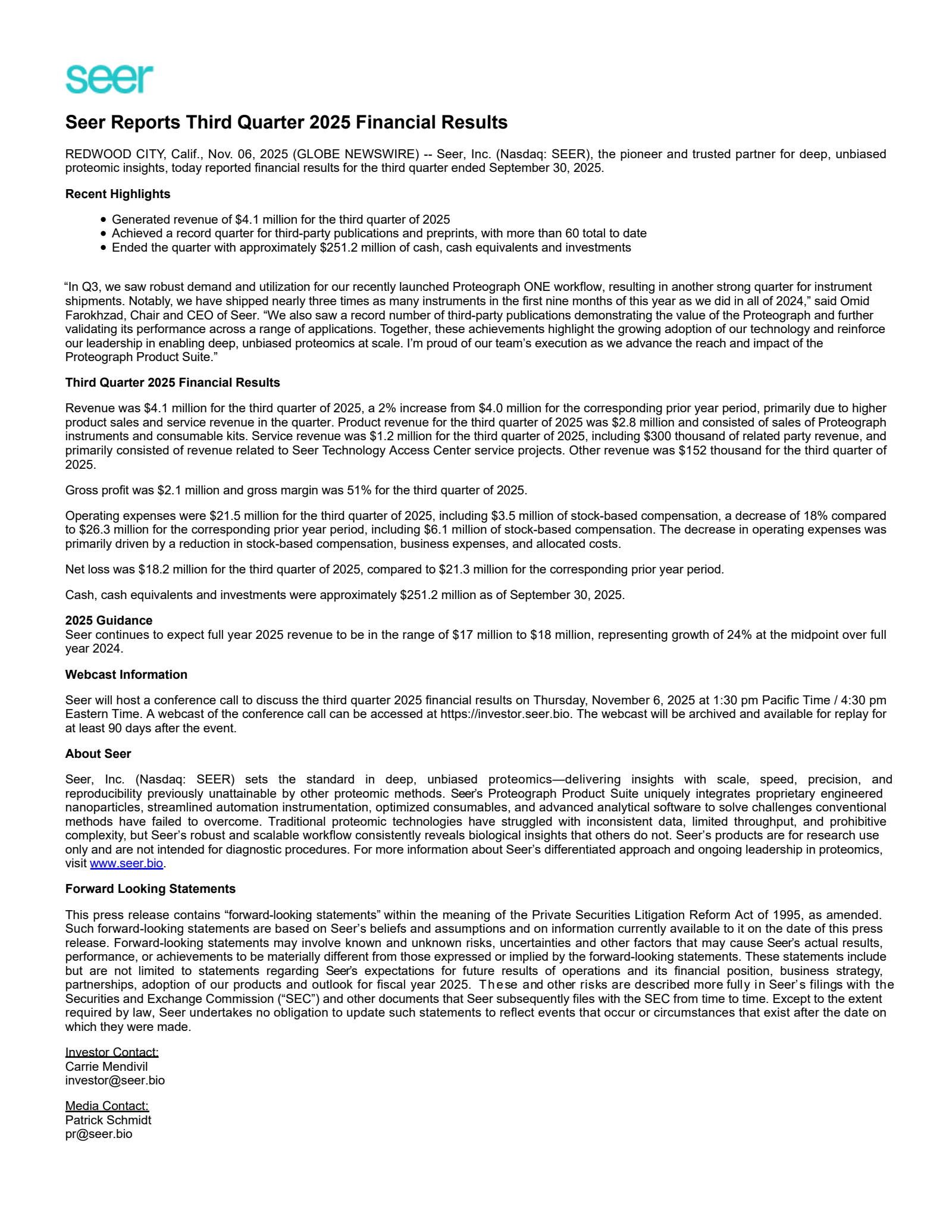Seer's Q3 2025 Earnings Release
