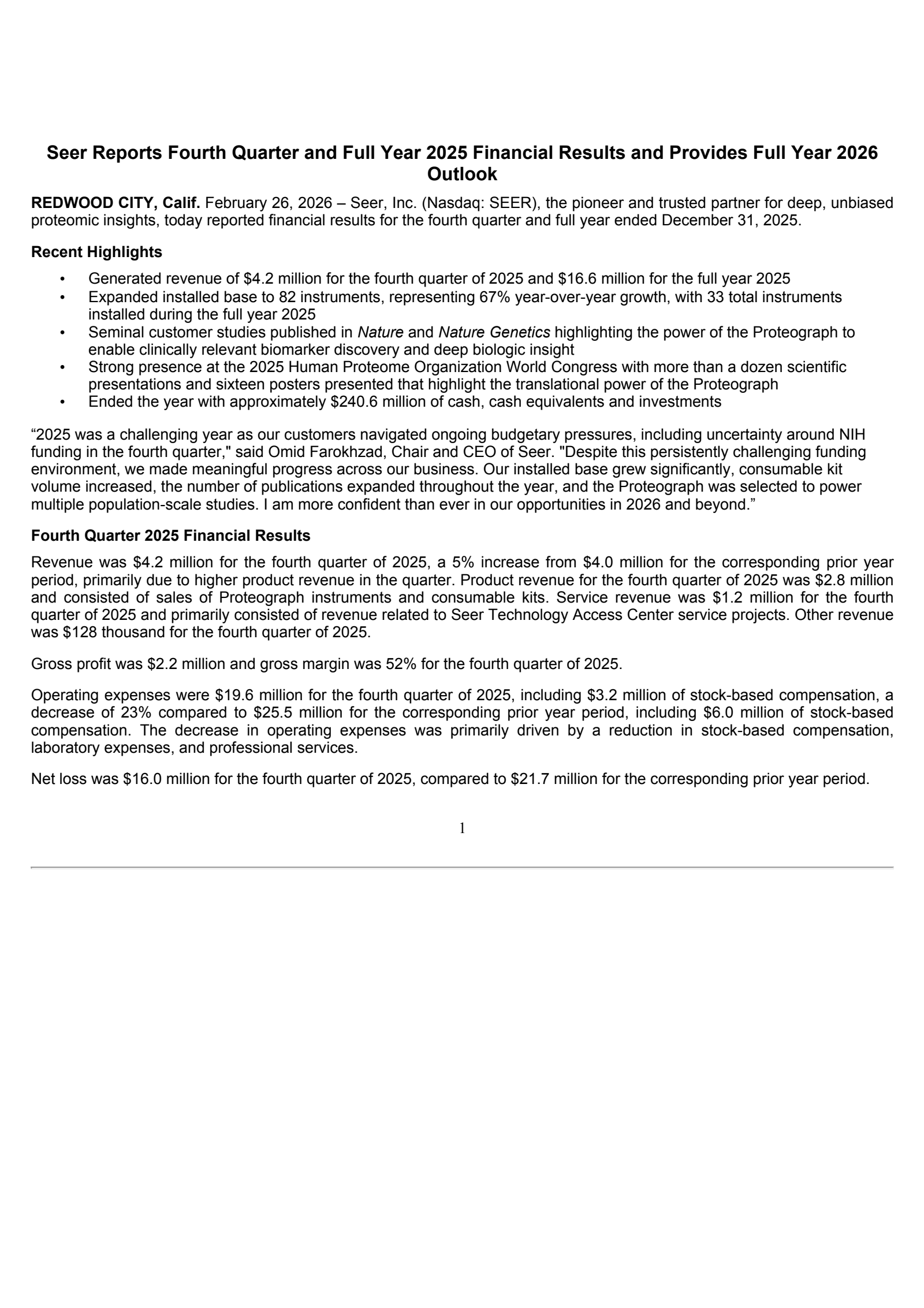 Seer's Q4 2025 Press Release