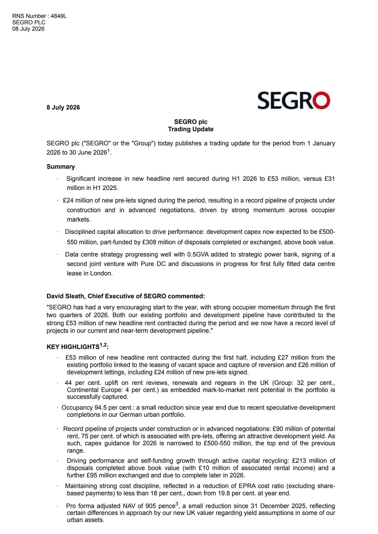 SEGRO's Q2 2026 TU Press Release