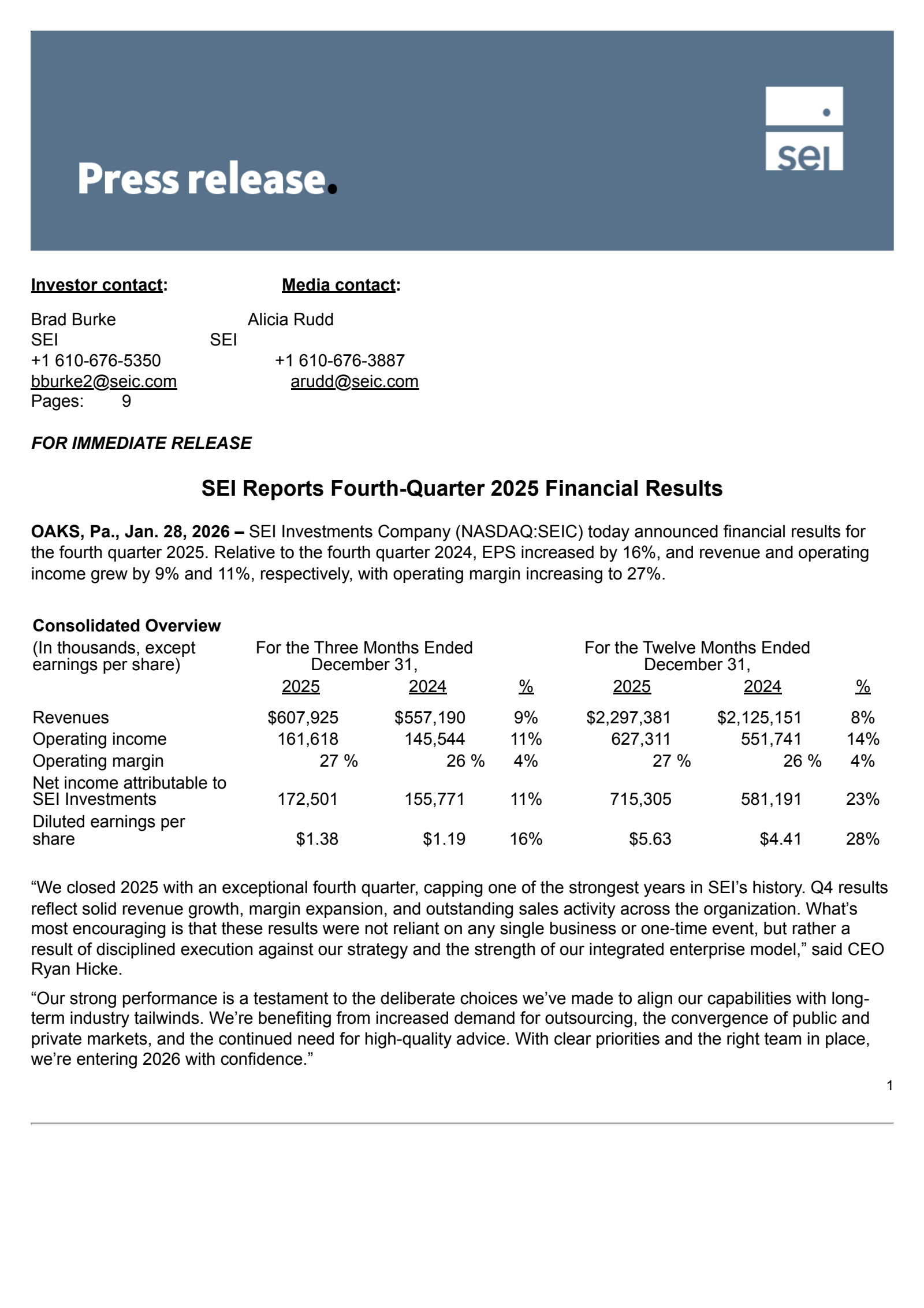 SEI Investments' Q4 2025 Press Release