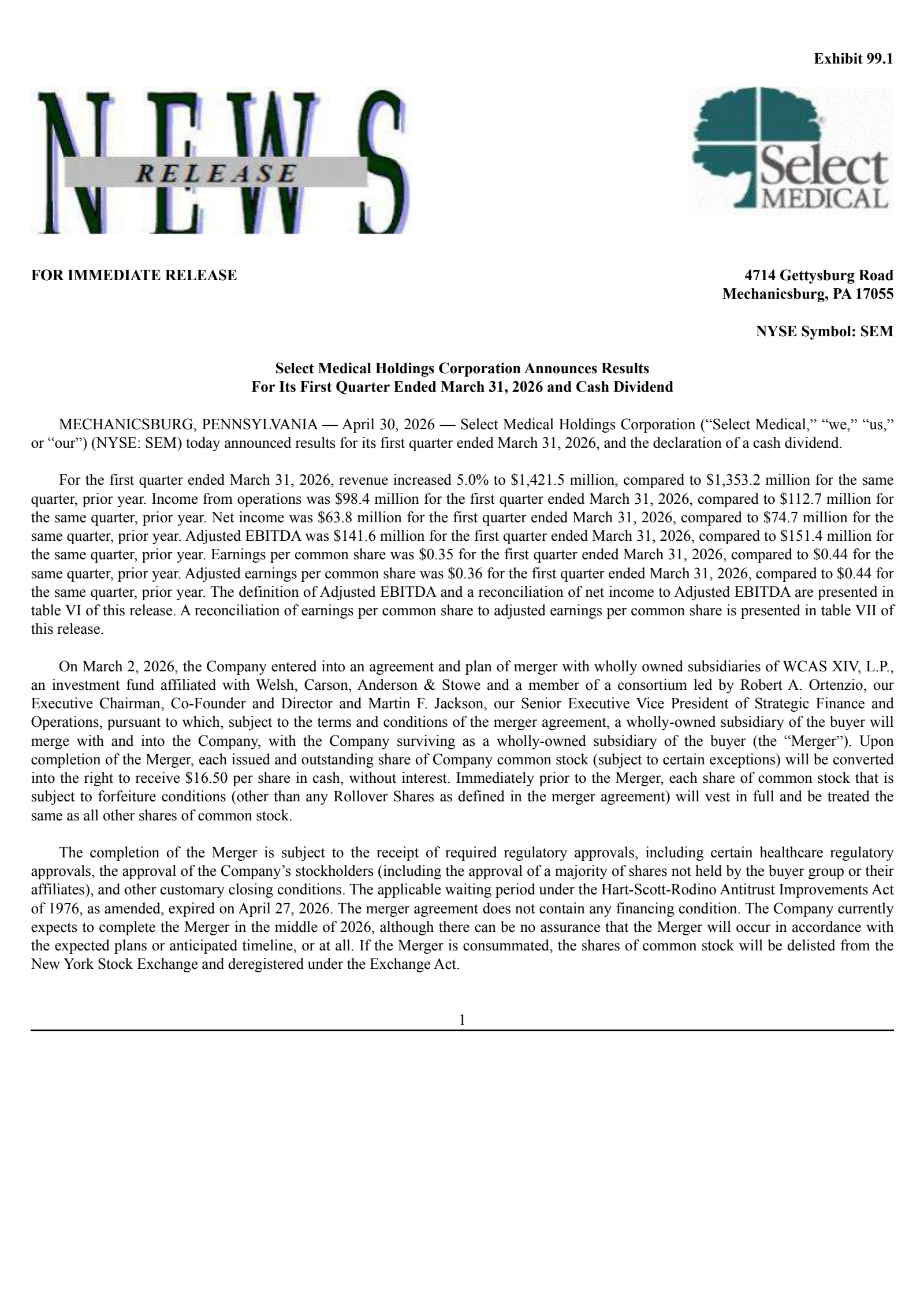 Select Medical's Q1 2026 Press Release