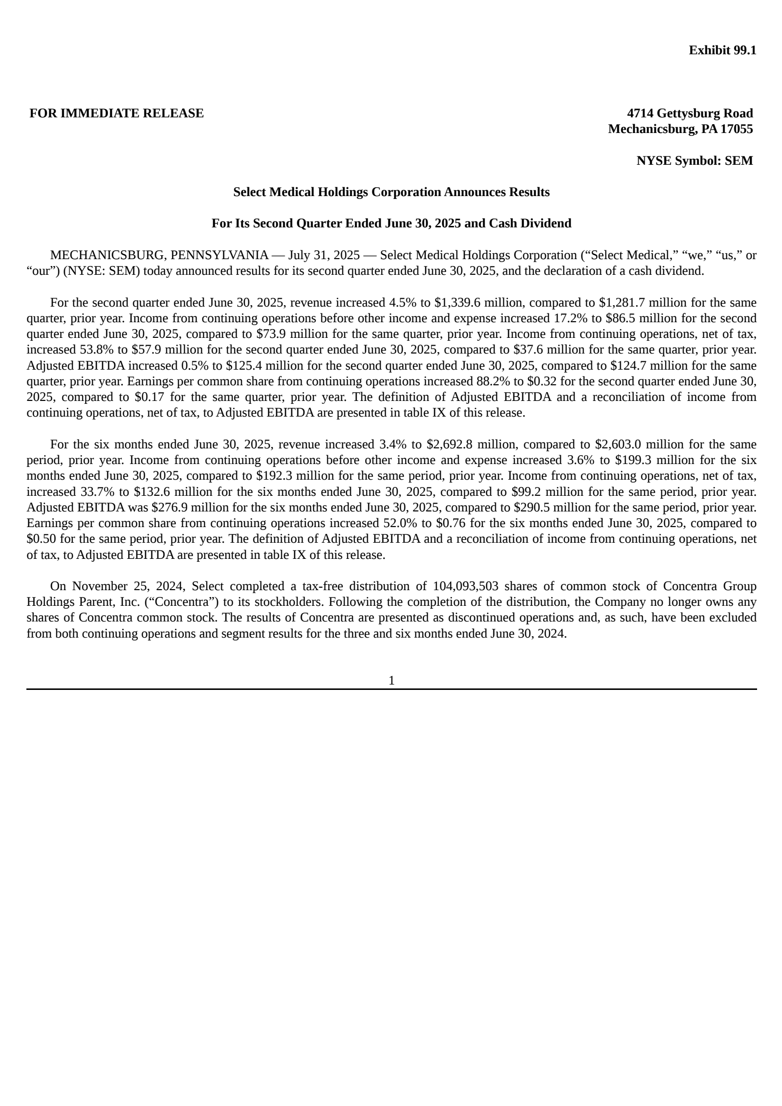 Select Medical's Q2 2025 Press Release
