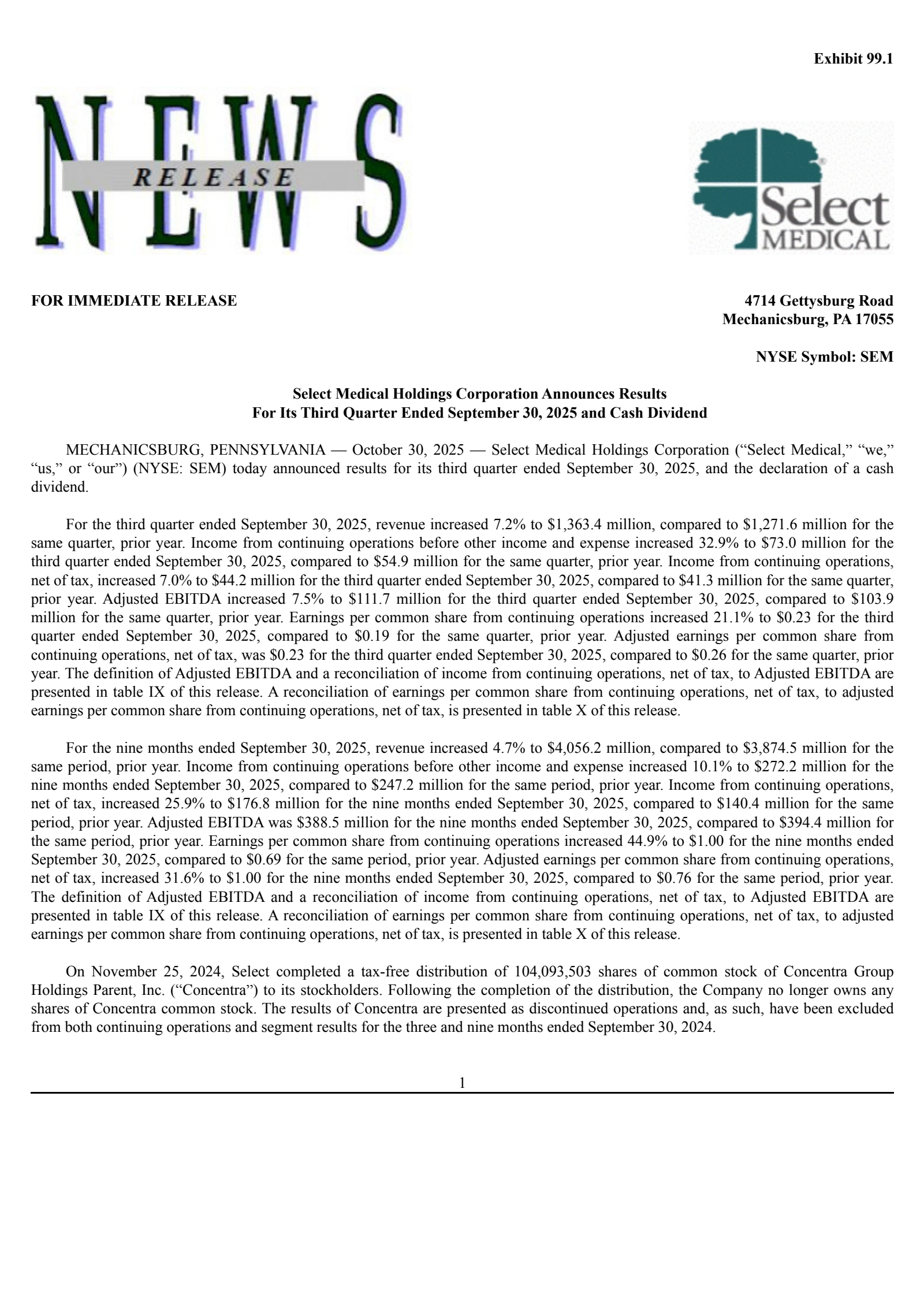 Select Medical's Q3 2025 Earnings Release