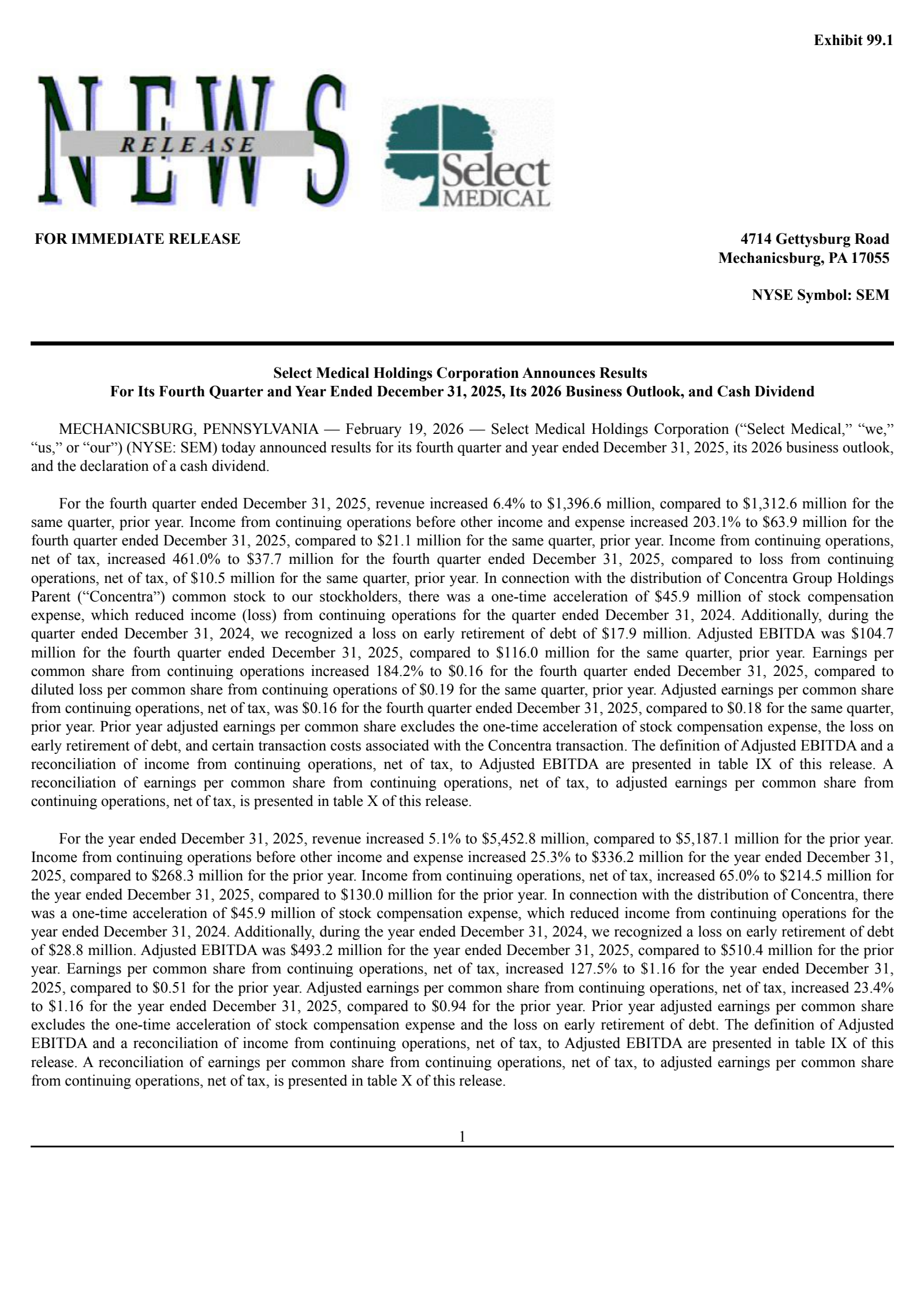 Select Medical's Q4 2025 Press Release