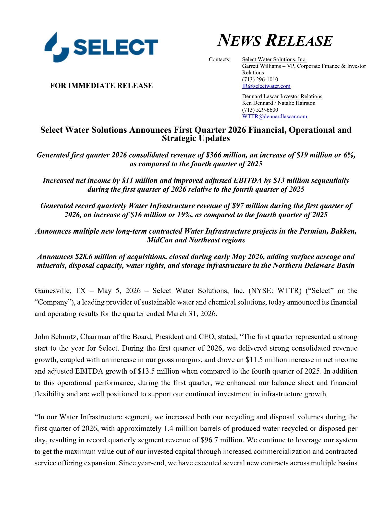Select Water Solutions' Q1 2026 Press Release