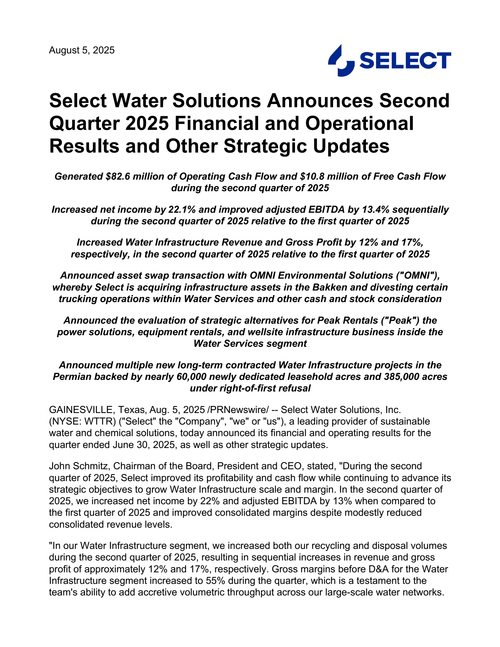 Select Water Solutions' Q2 2025 Press Release