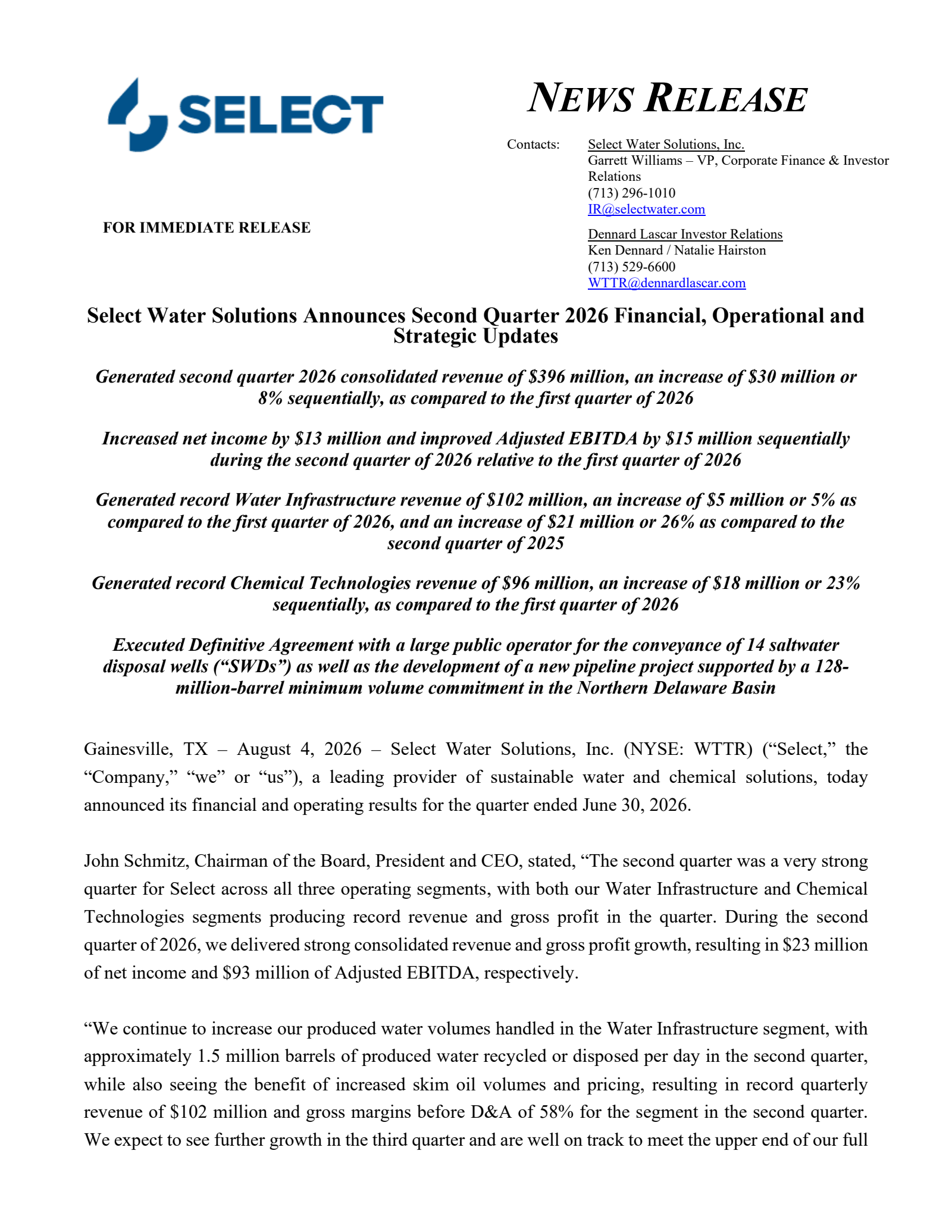 Select Water Solutions' Q2 2026 Press Release