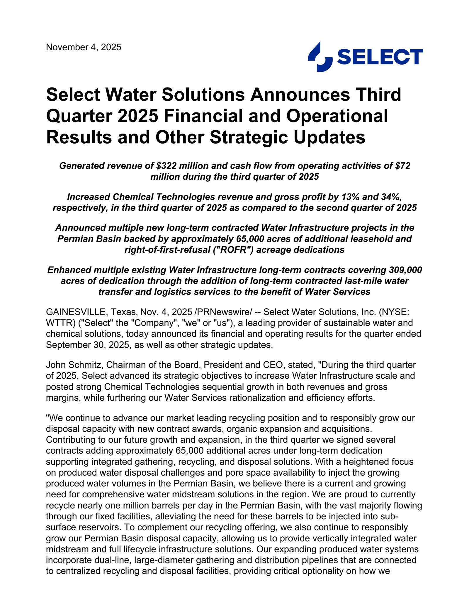 Select Water Solutions' Q3 2025 Earnings Release
