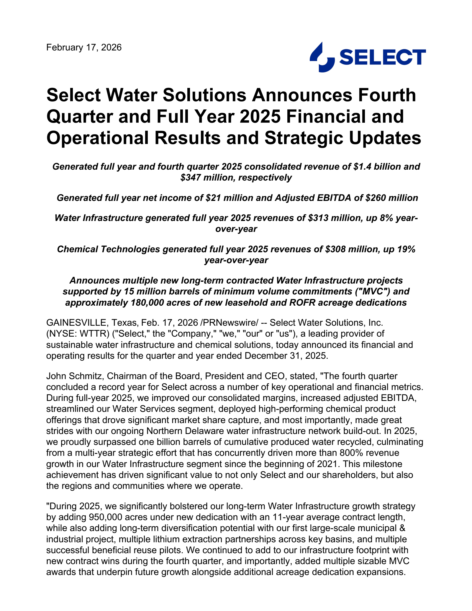 Select Water Solutions' Q4 2025 Press Release