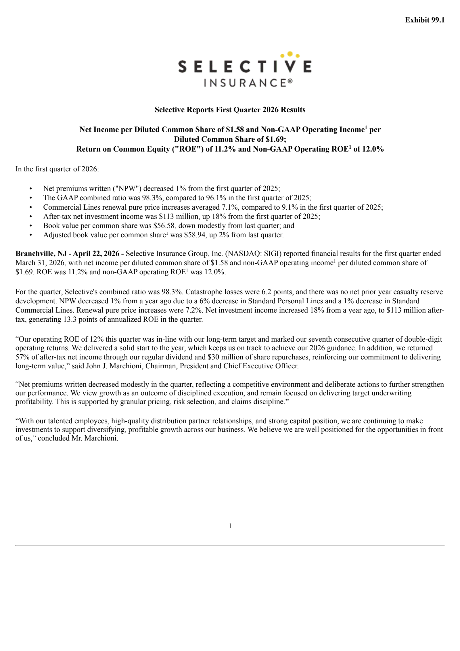 Selective Insurance Group's Q1 2026 Press Release