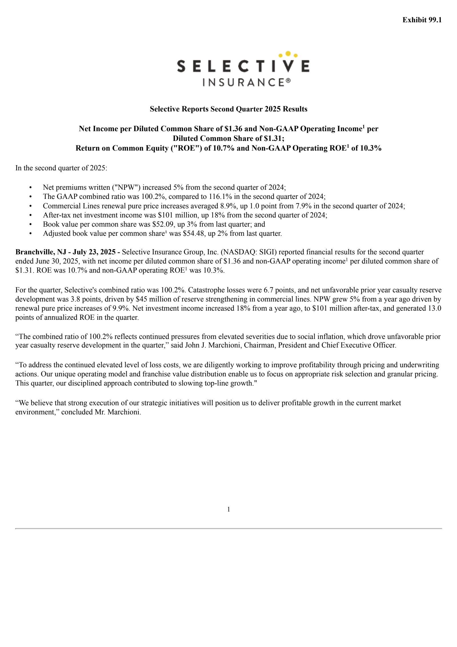 Selective Insurance Group's Q2 2025 Press Release