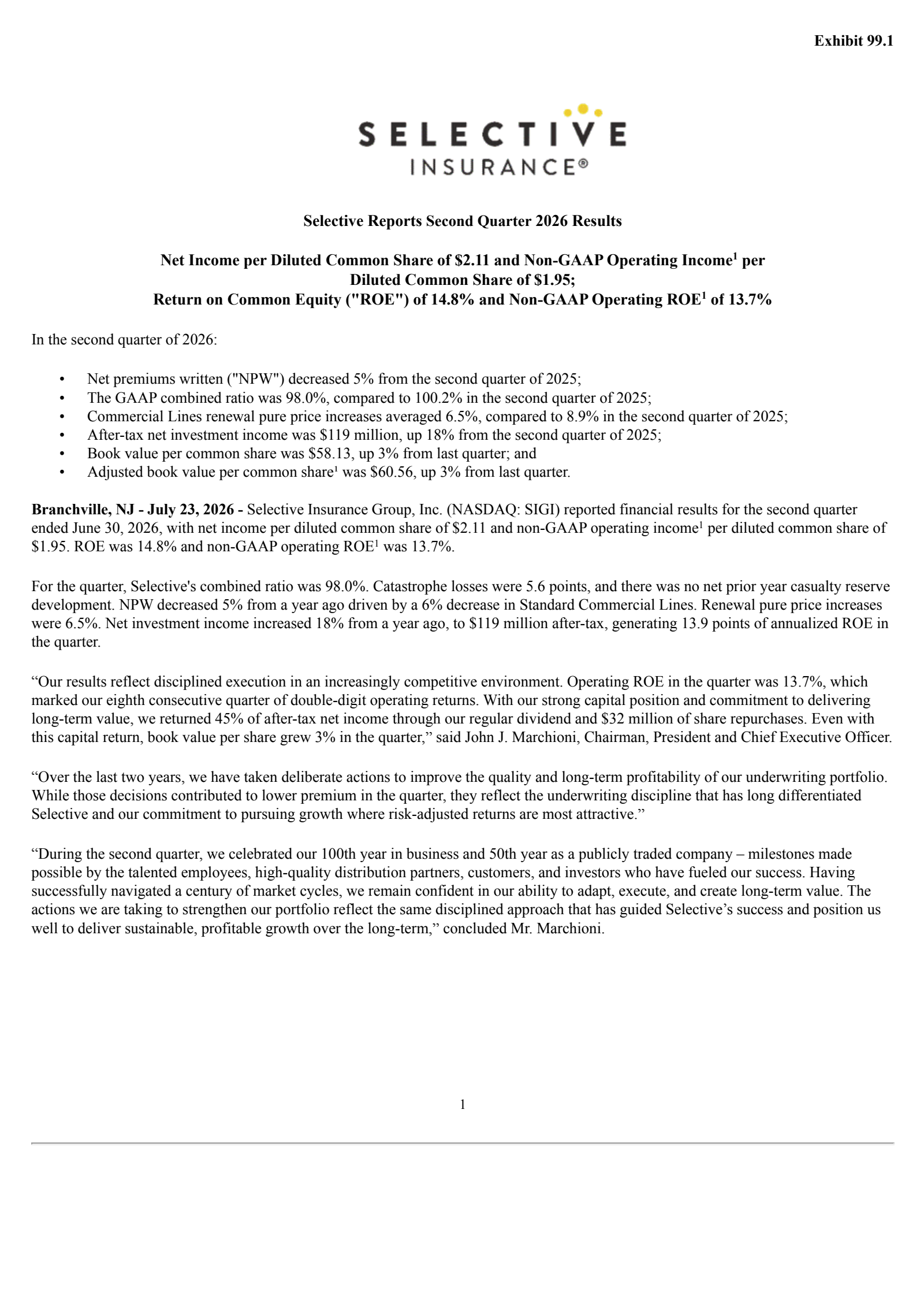 Selective Insurance Group's Q2 2026 Press Release