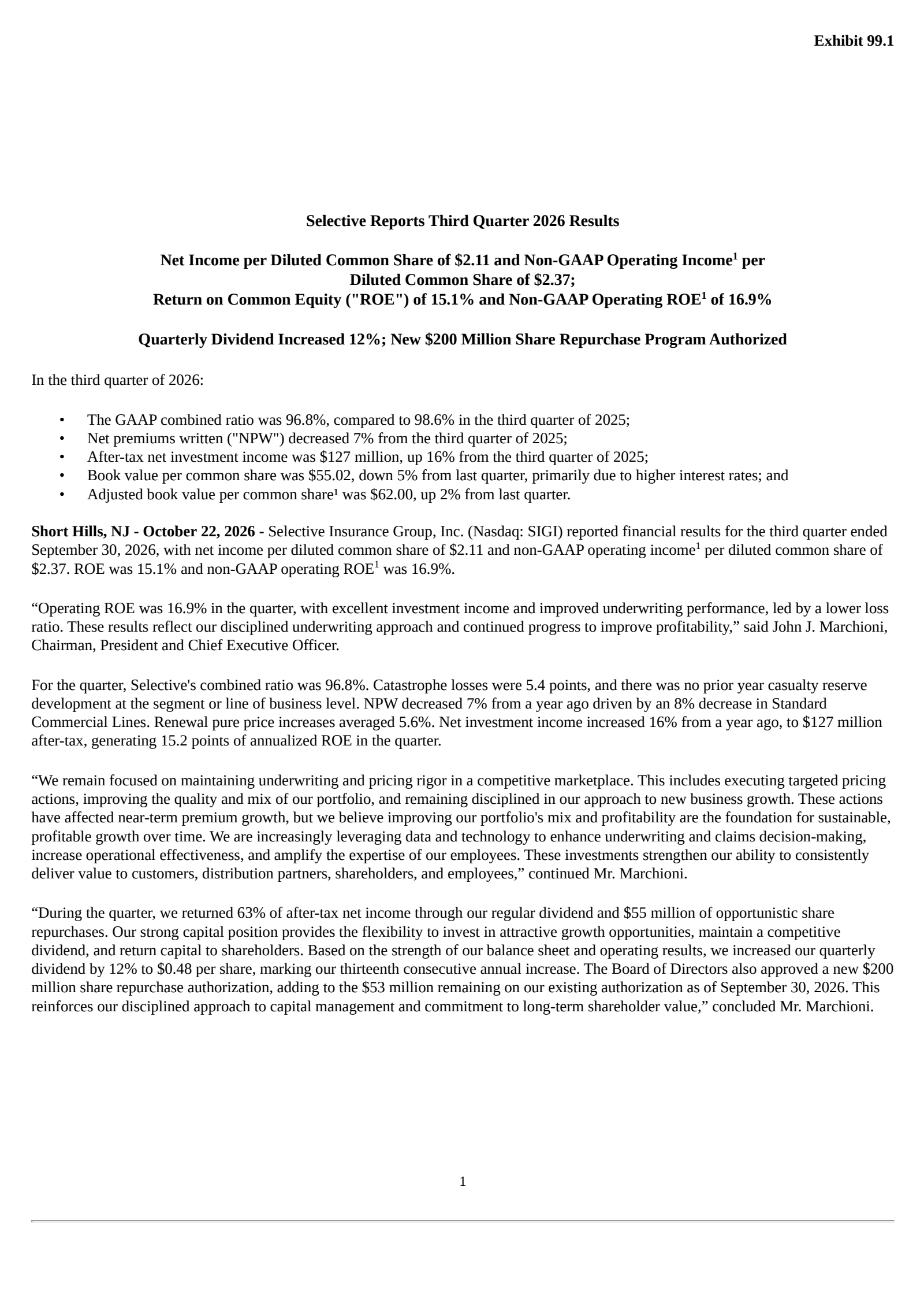 Selective Insurance Group's Q3 2026 Press Release