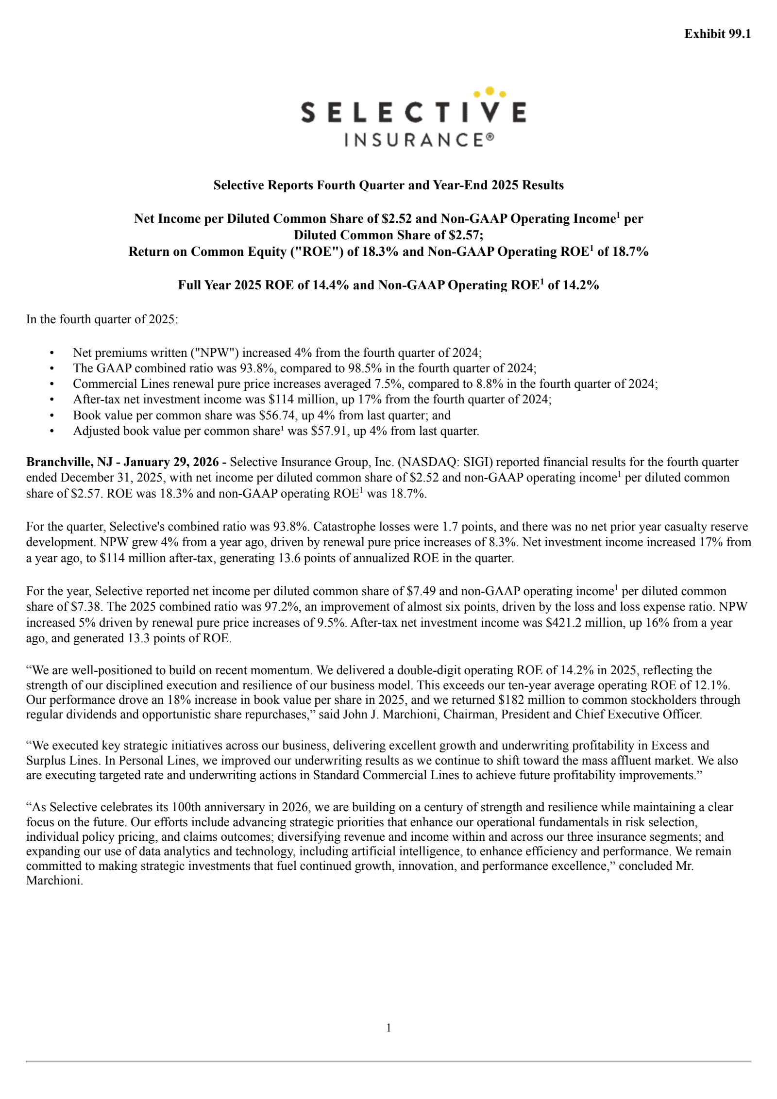 Selective Insurance Group's Q4 2025 Press Release