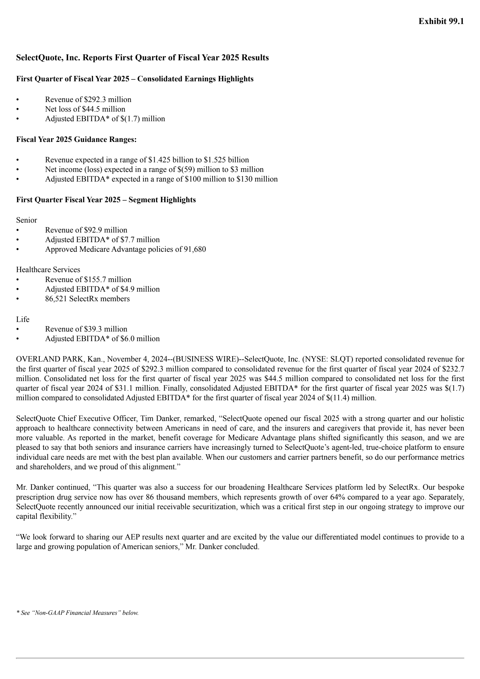 SelectQuote's Q1 2025 Press Release