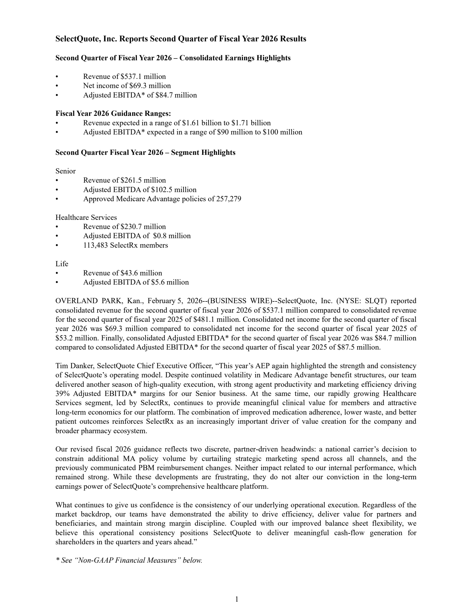 SelectQuote's Q2 2026 Press Release