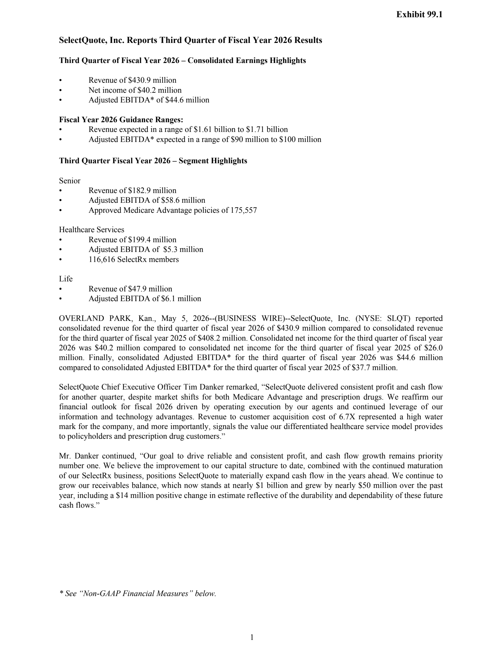 SelectQuote's Q3 2026 Press Release