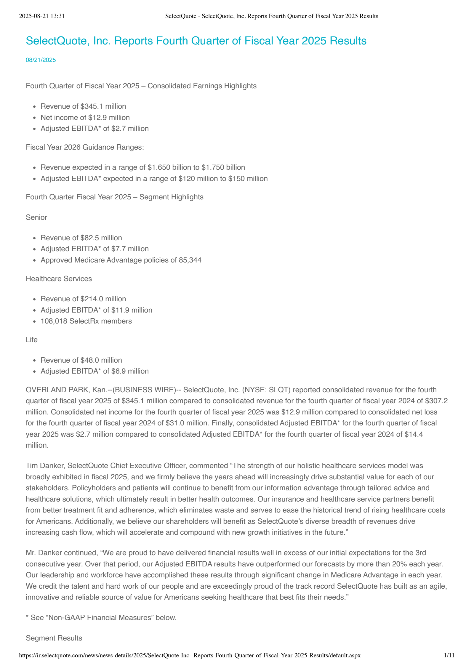 SelectQuote's Q4 2025 Press Release