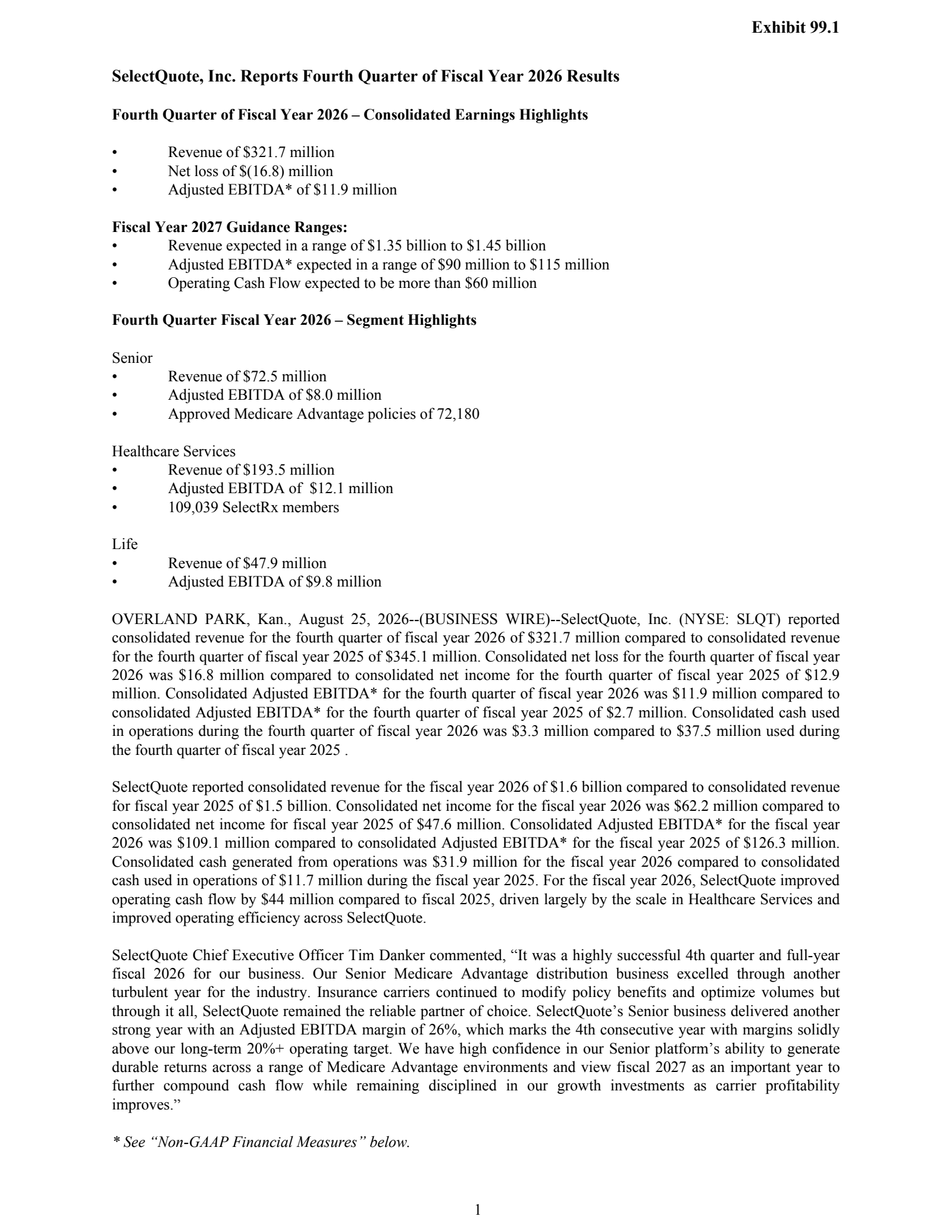 SelectQuote's Q4 2026 Press Release