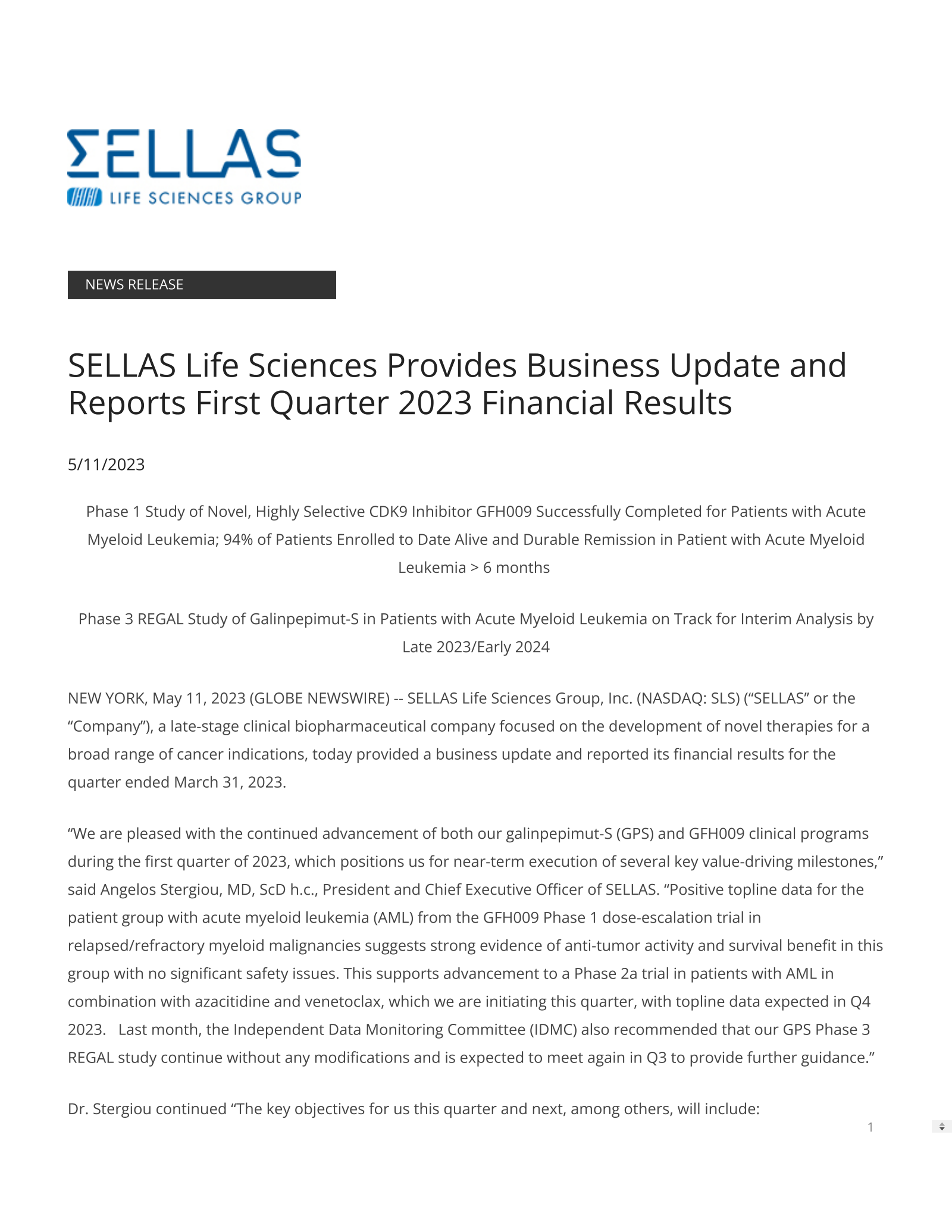 SELLAS Life Sciences Group's Q1 2023 Press Release