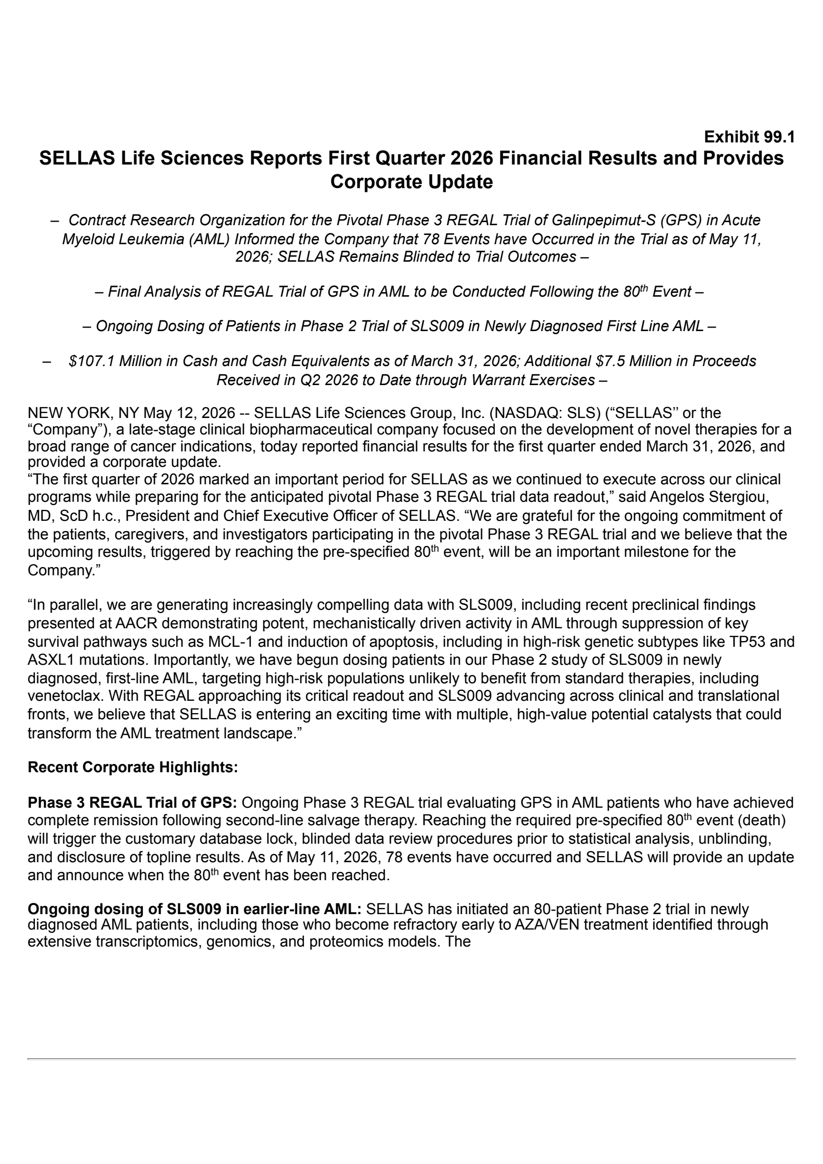 SELLAS Life Sciences Group's Q1 2026 Press Release
