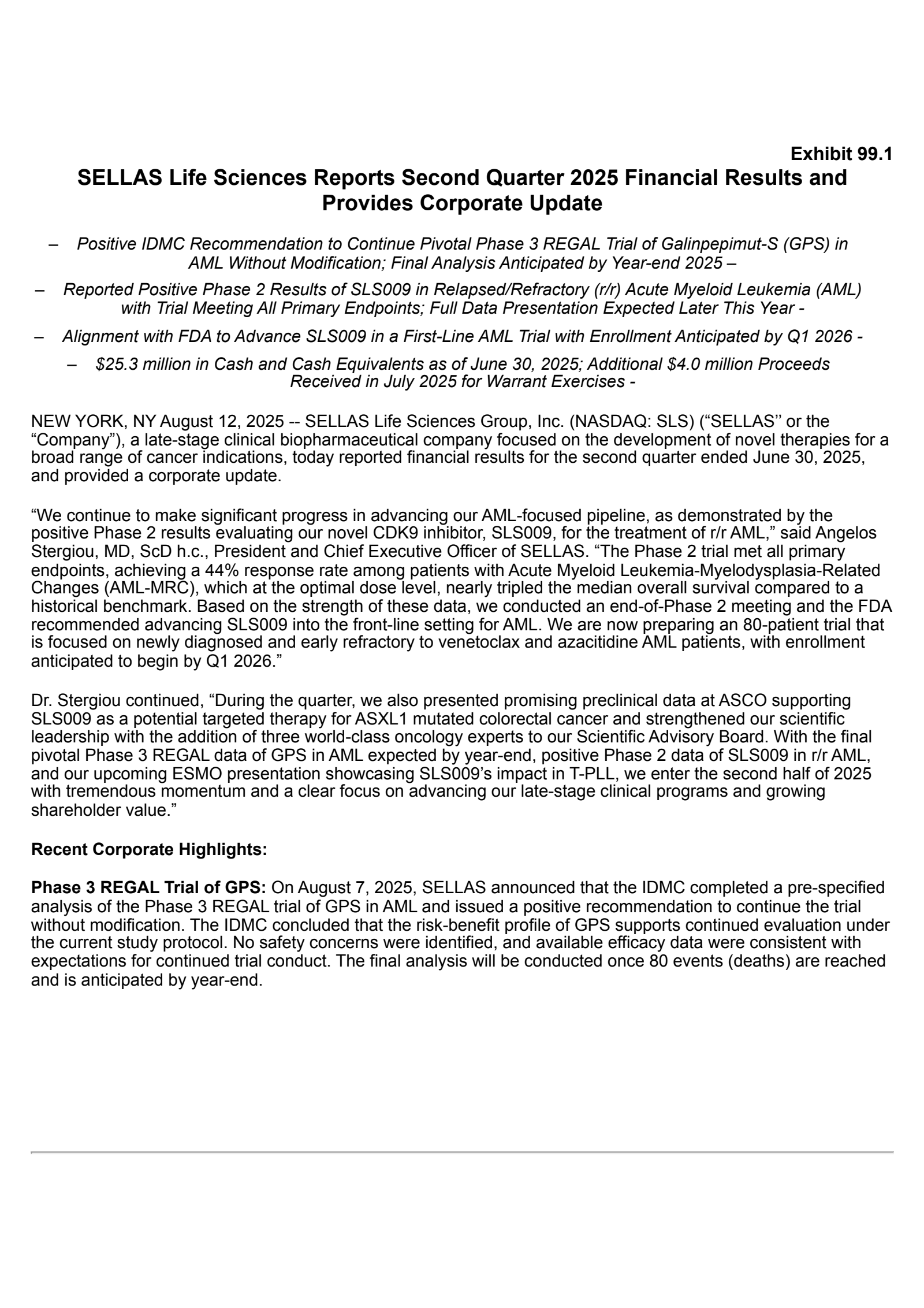 SELLAS Life Sciences Group's Q2 2025 Press Release