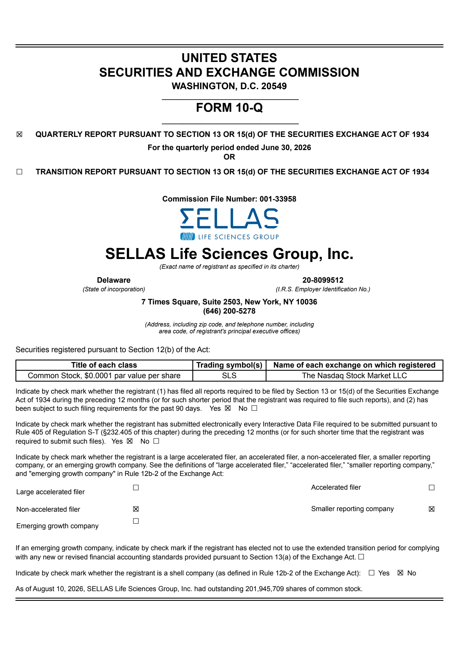 SELLAS Life Sciences Group's Q2 2026 Quarterly report