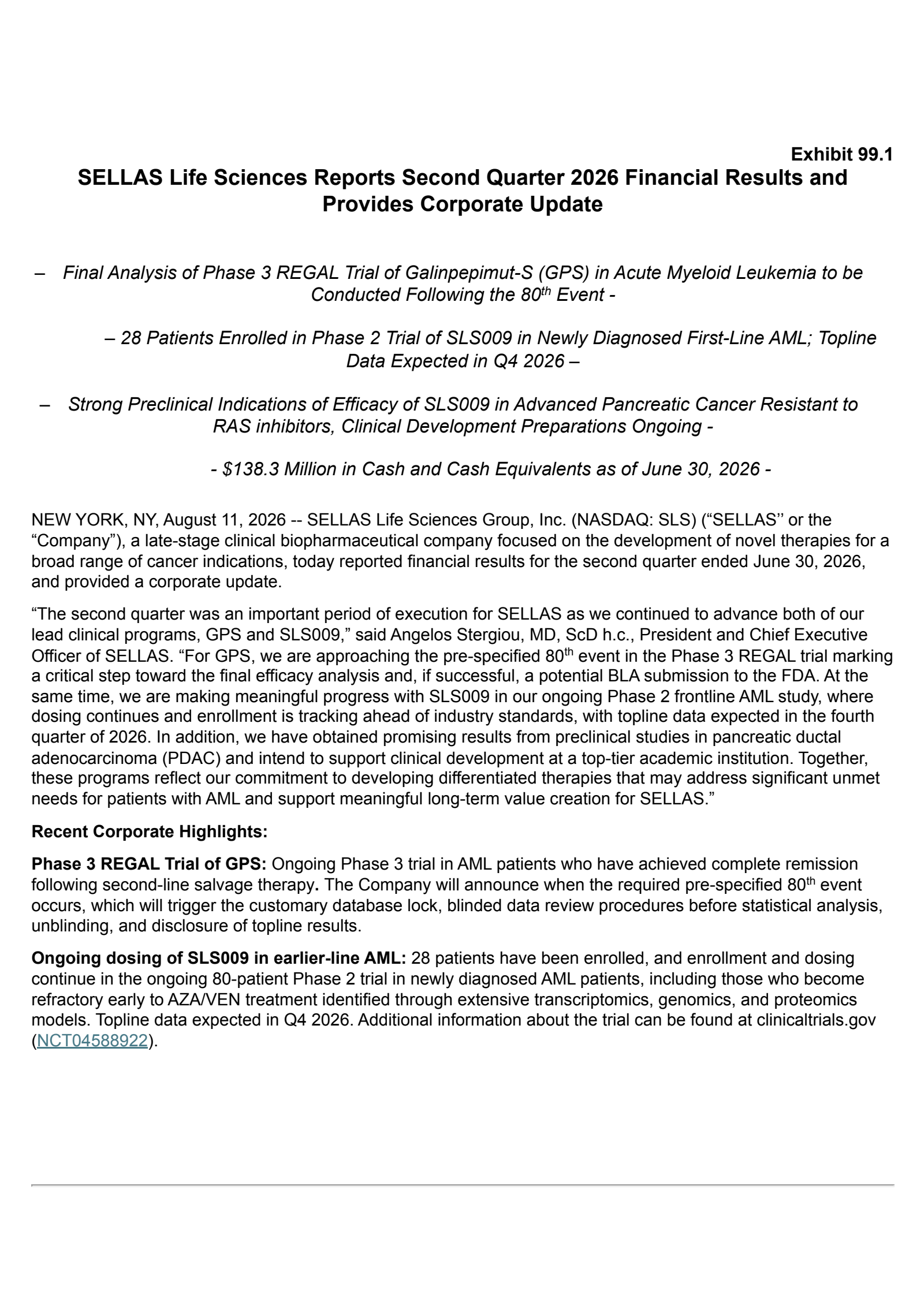 SELLAS Life Sciences Group's Q2 2026 Press Release