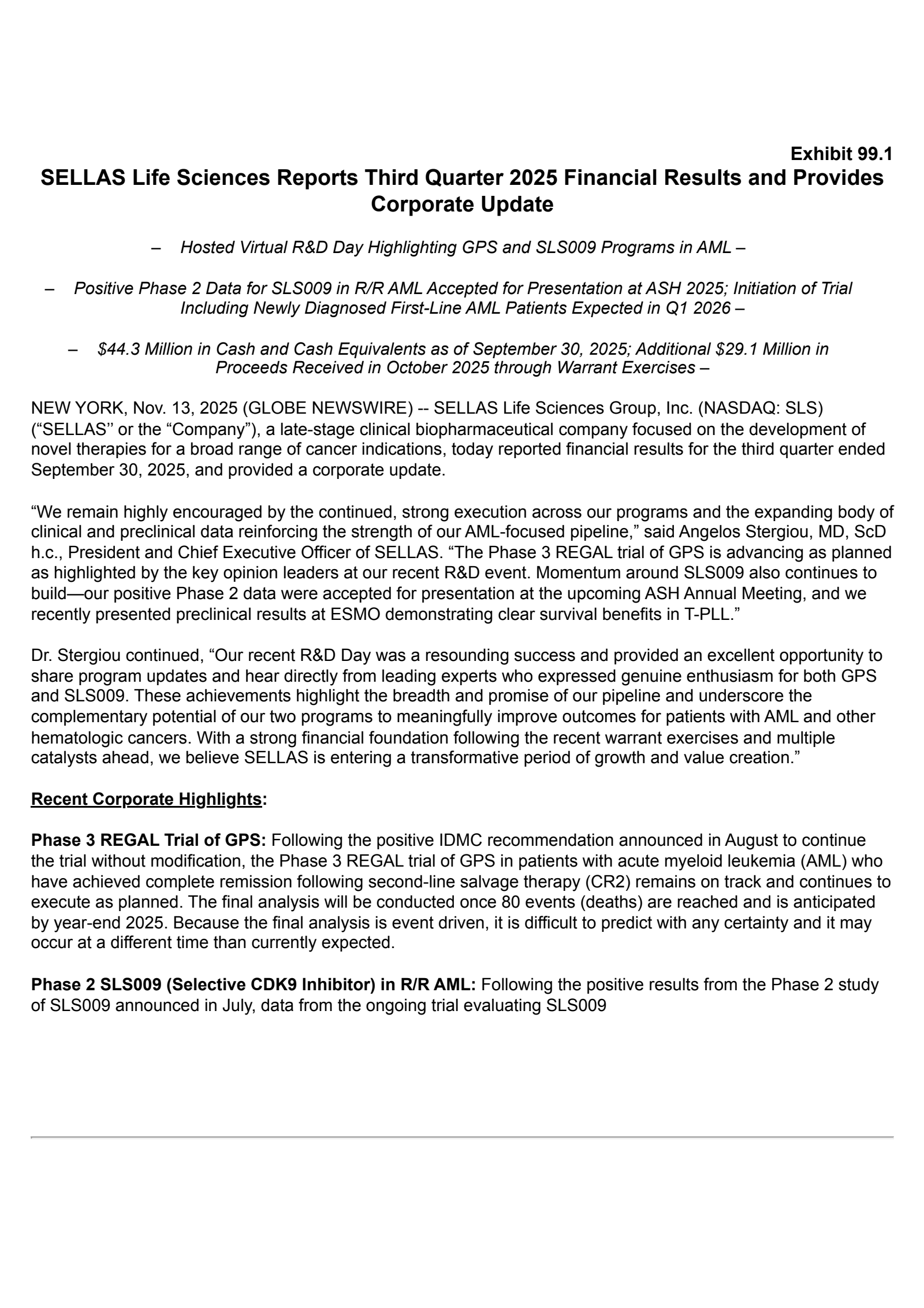 SELLAS Life Sciences Group's Q3 2025 Earnings Release