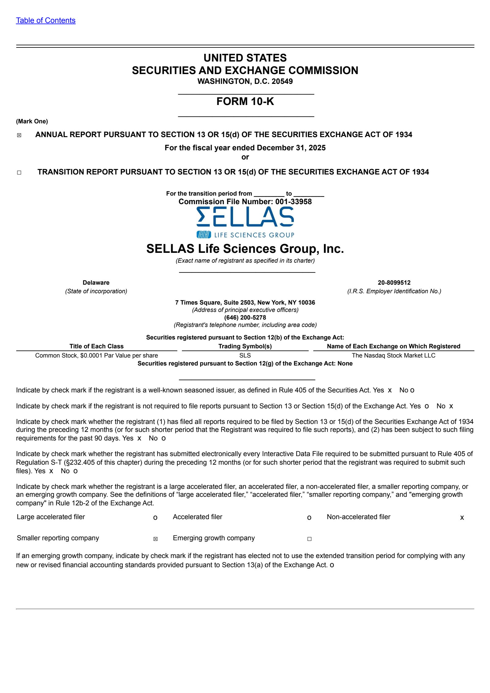 SELLAS Life Sciences Group's Q4 2025 Annual report