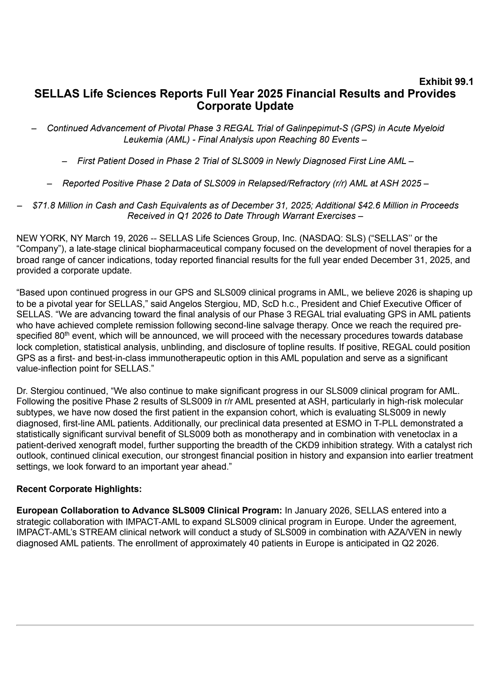 SELLAS Life Sciences Group's Q4 2025 Press Release