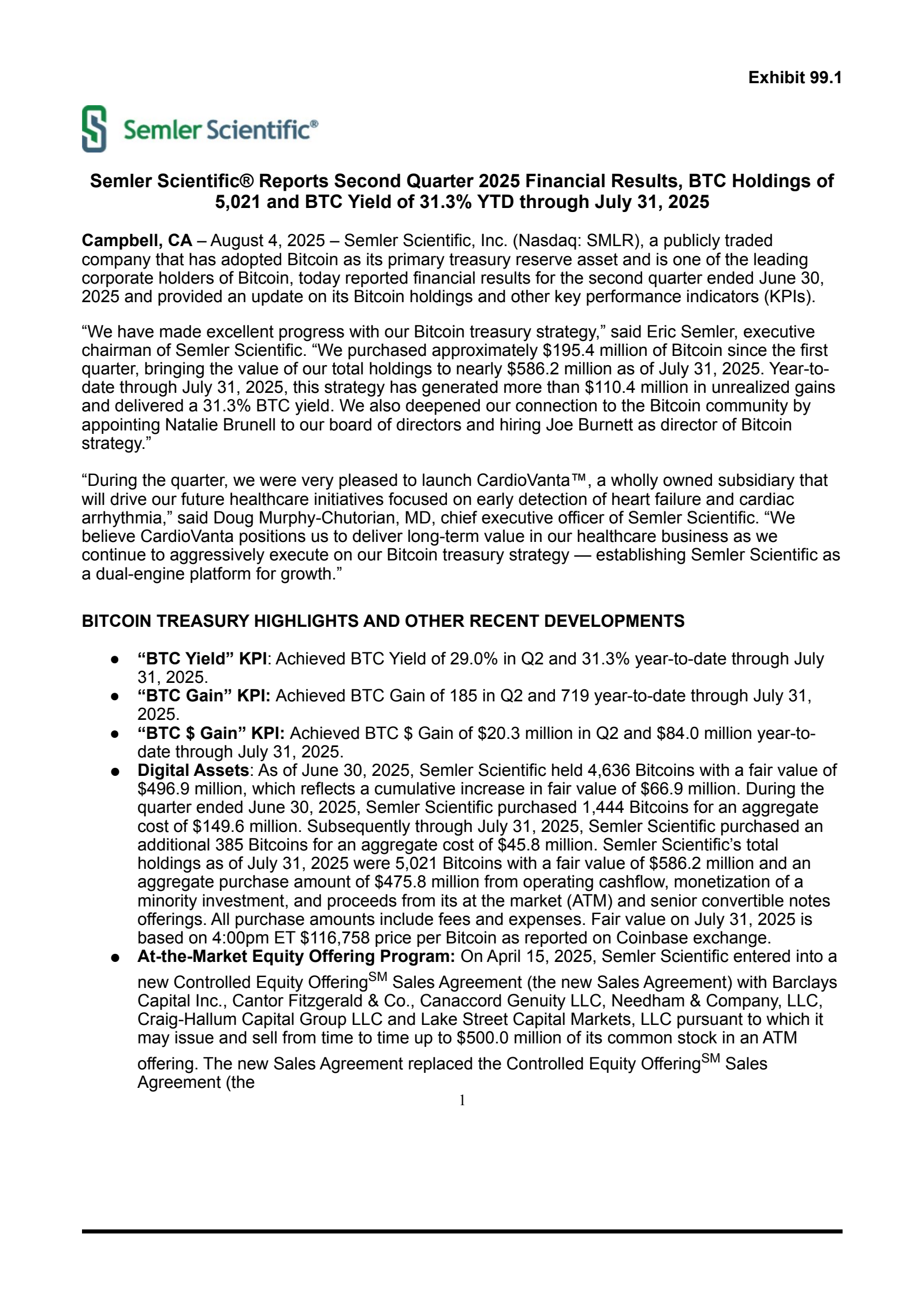 Semler Scientific's Q2 2025 Press Release