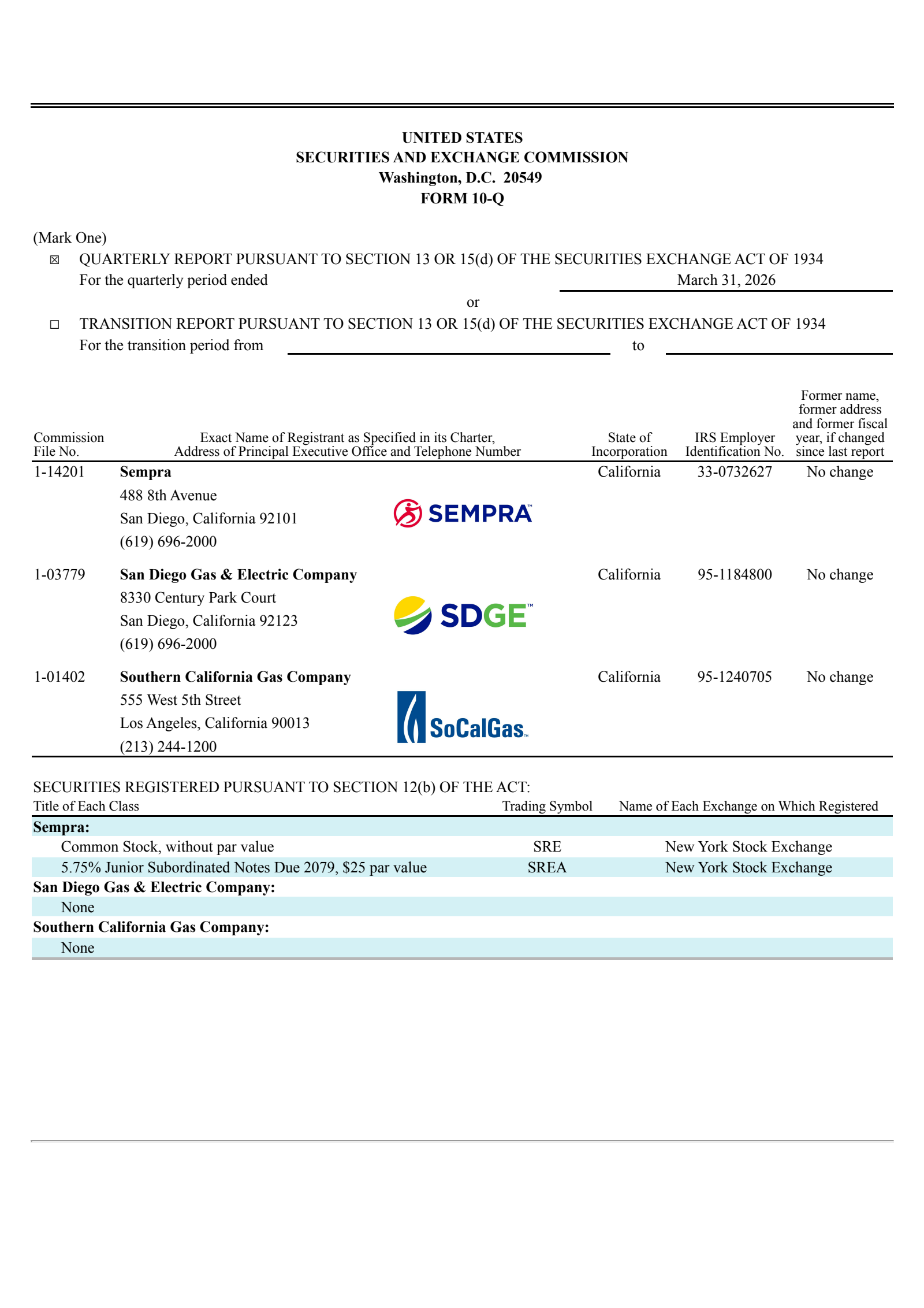 Sempra Energy's Q1 2026 Quarterly report