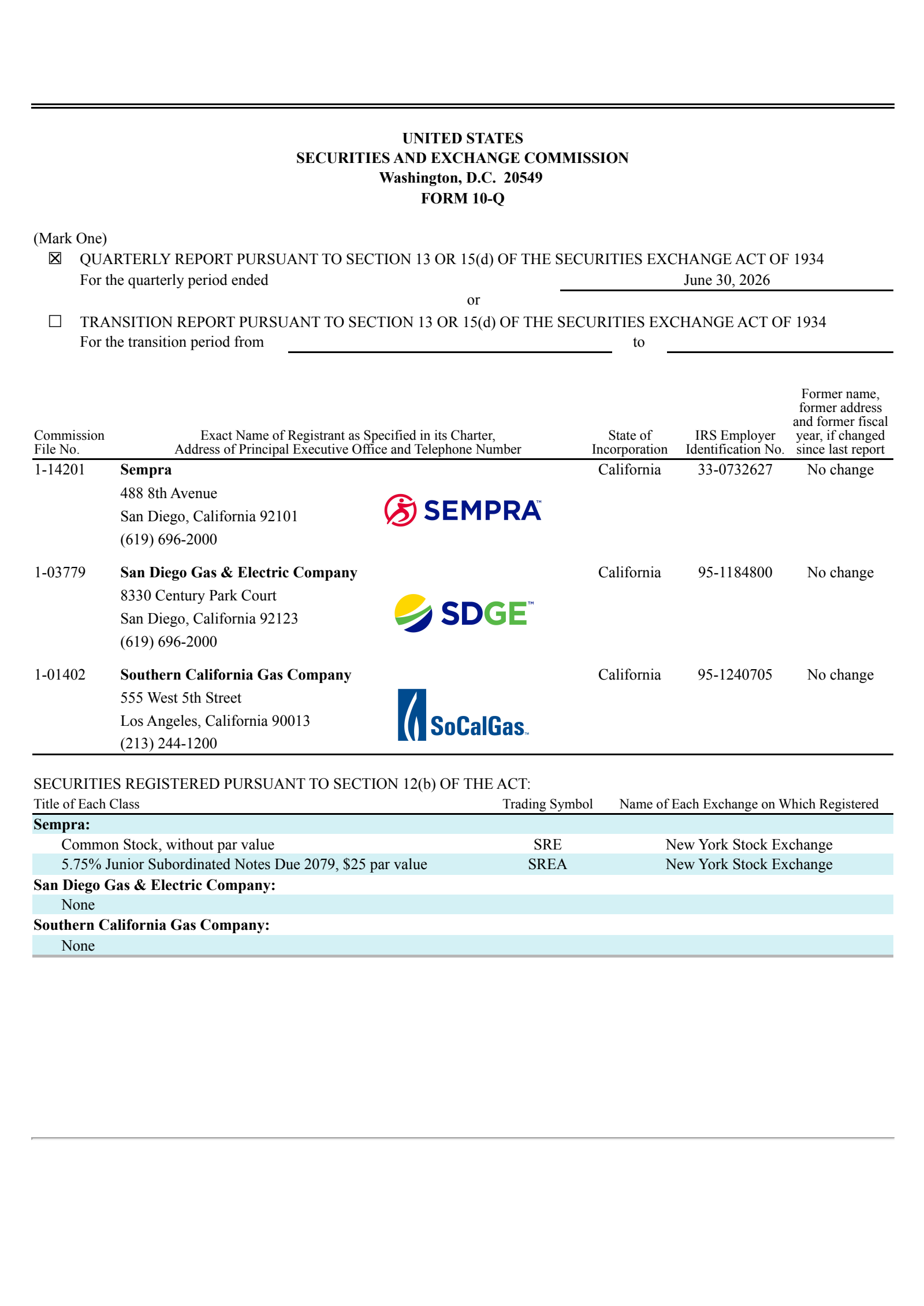 Sempra Energy's Q2 2026 Quarterly report