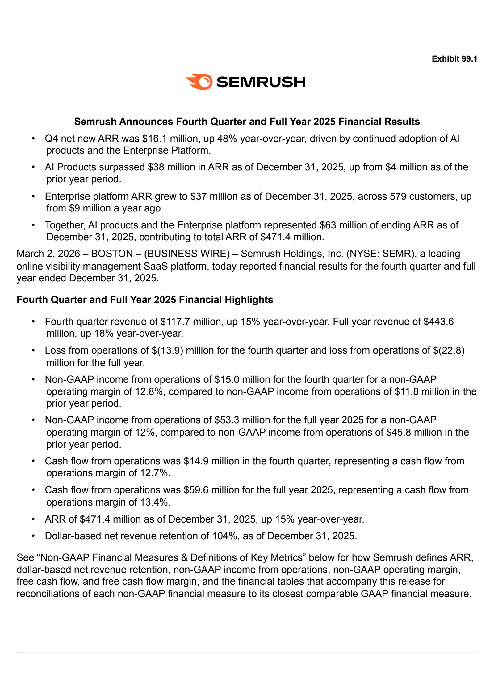 SEMrush's Q4 2025 Press Release