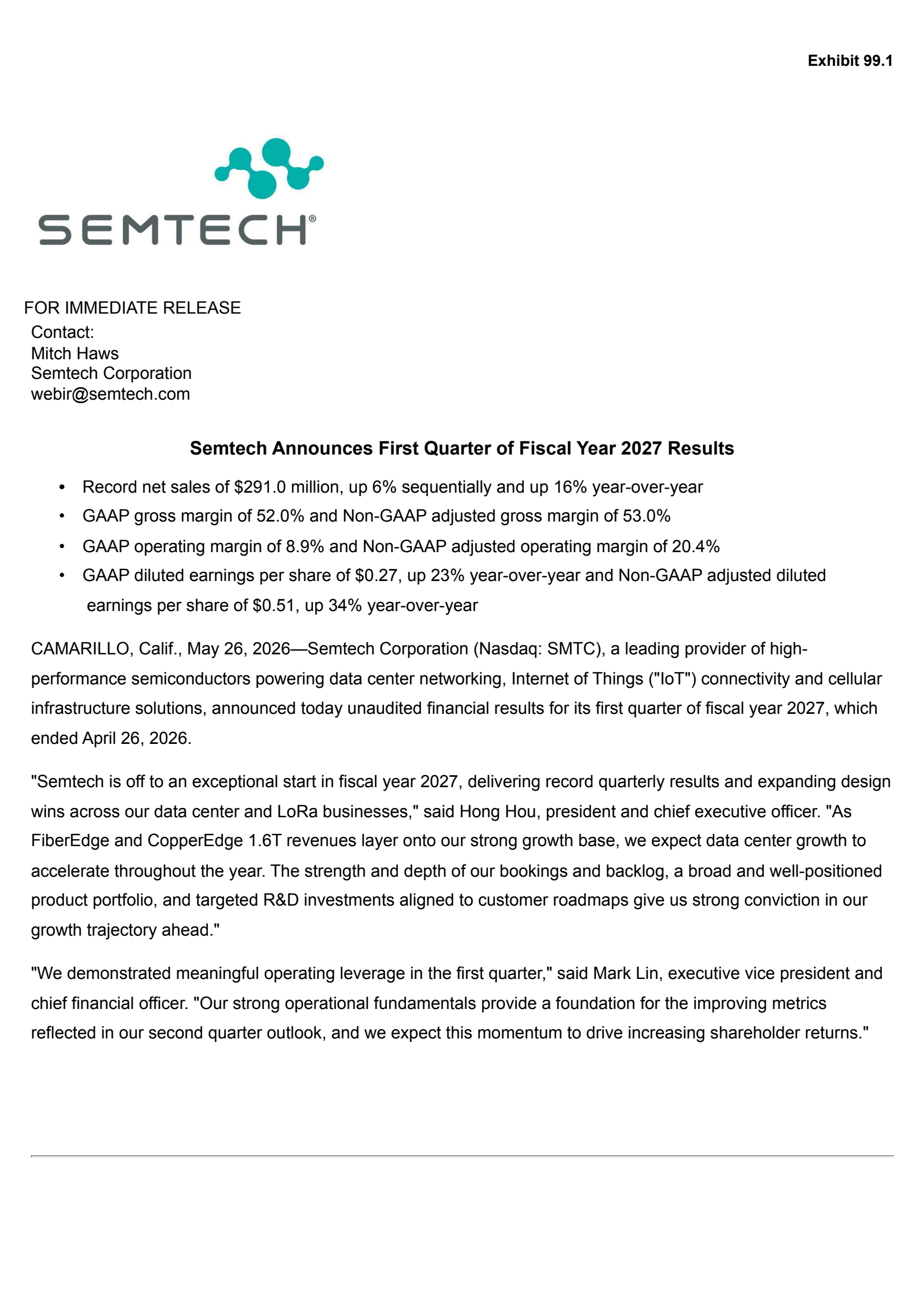 Semtech's Q1 2027 Press Release