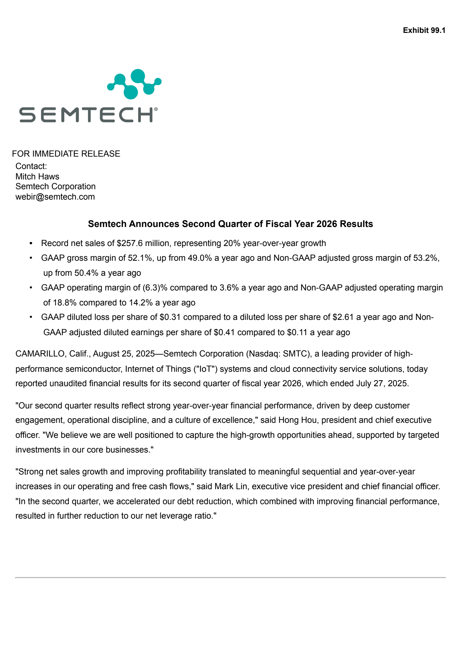 Semtech's Q2 2026 Press Release