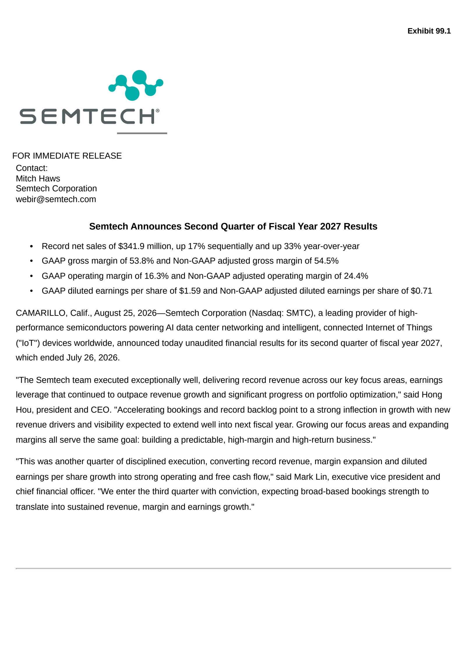 Semtech's Q2 2027 Press Release