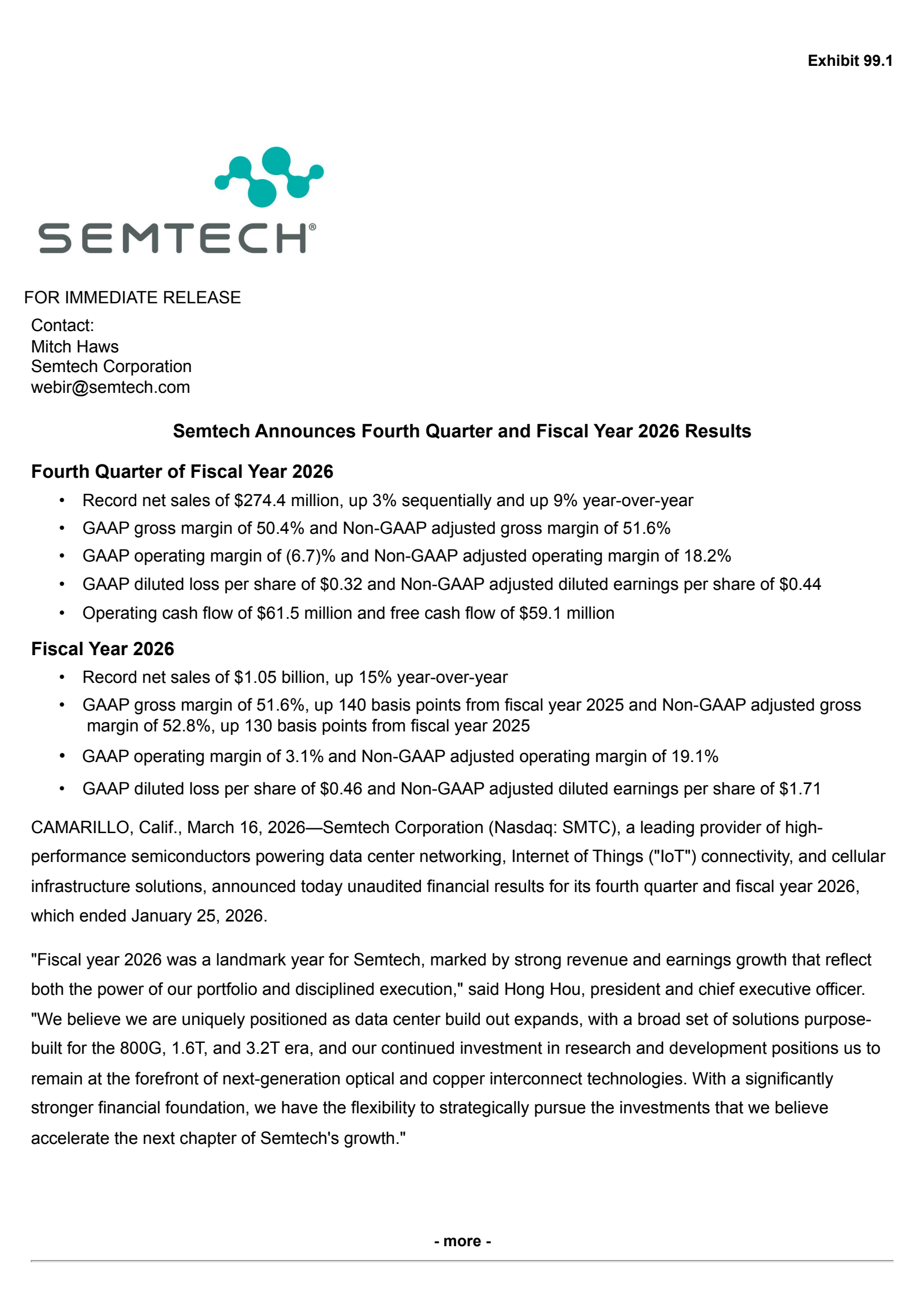 Semtech's Q4 2026 Press Release