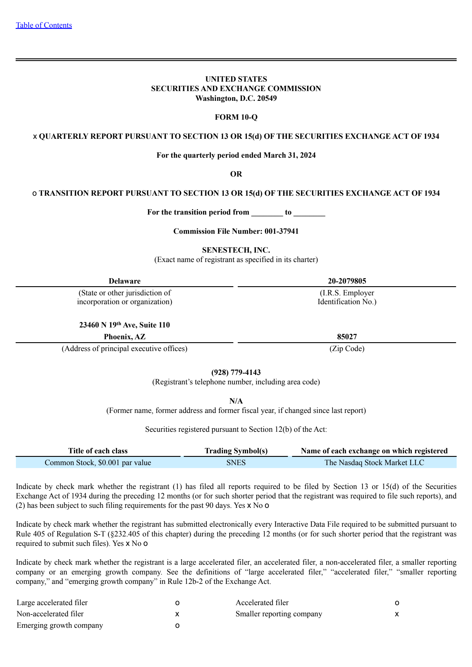 Senestech's Q1 2024 Quarterly report