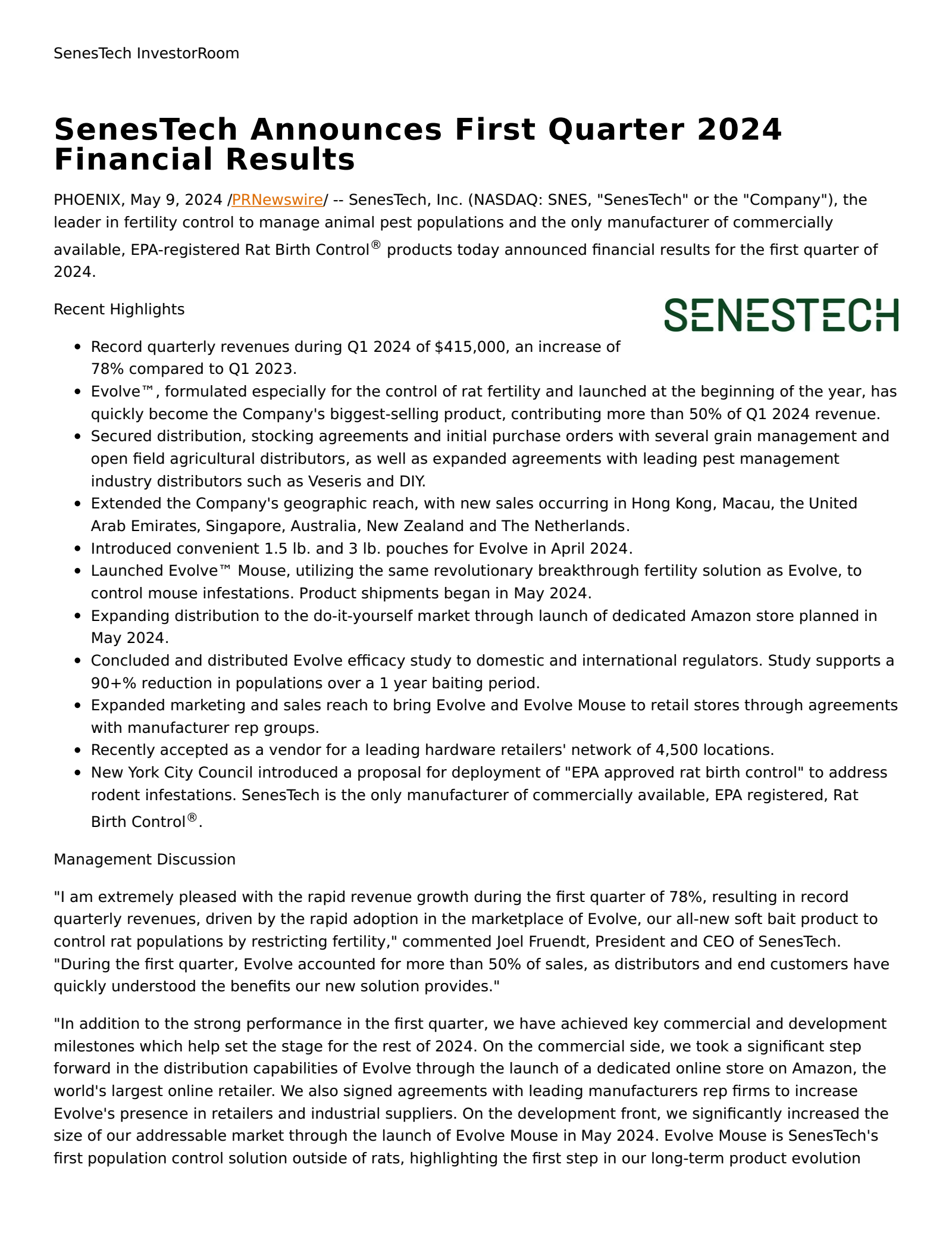 Senestech's Q1 2024 Press Release